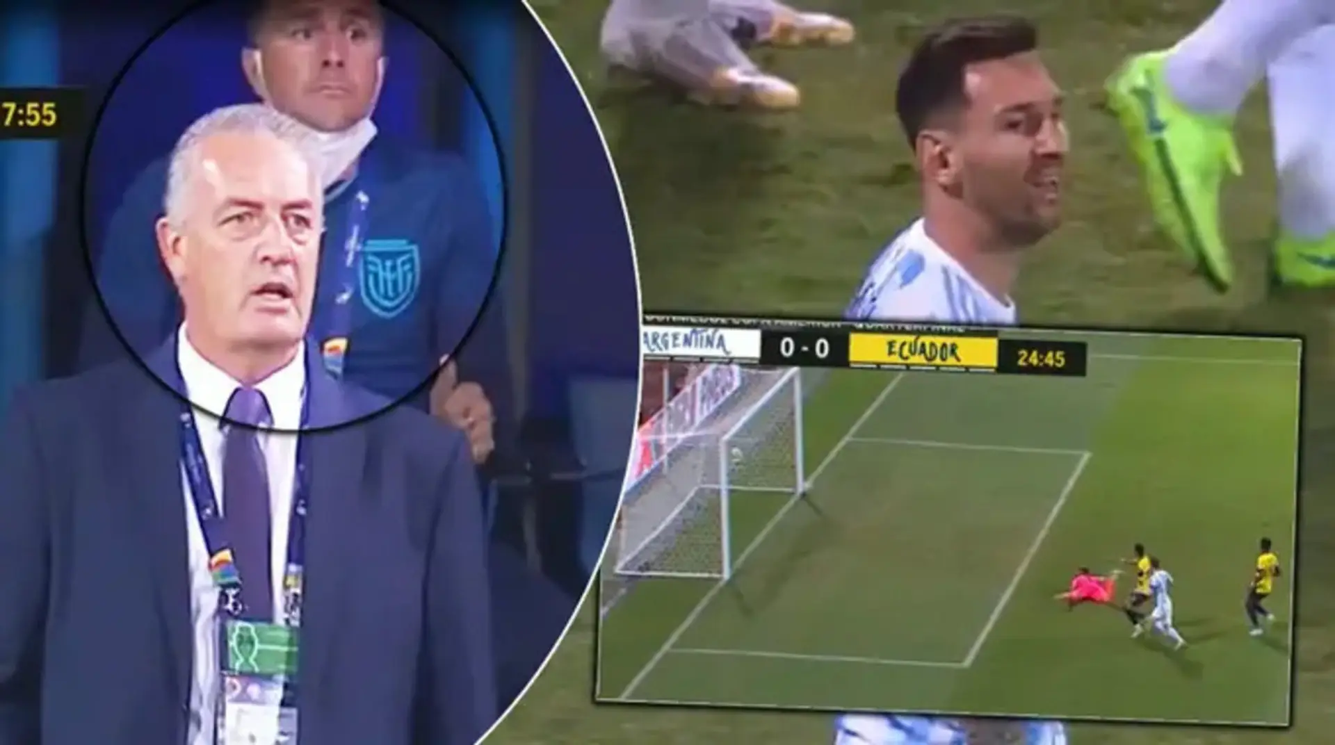 Los entrenadores de Ecuador se quedan con incredulidad al ver a Leo Messi golpear el palo de una posición donde normalmente anota