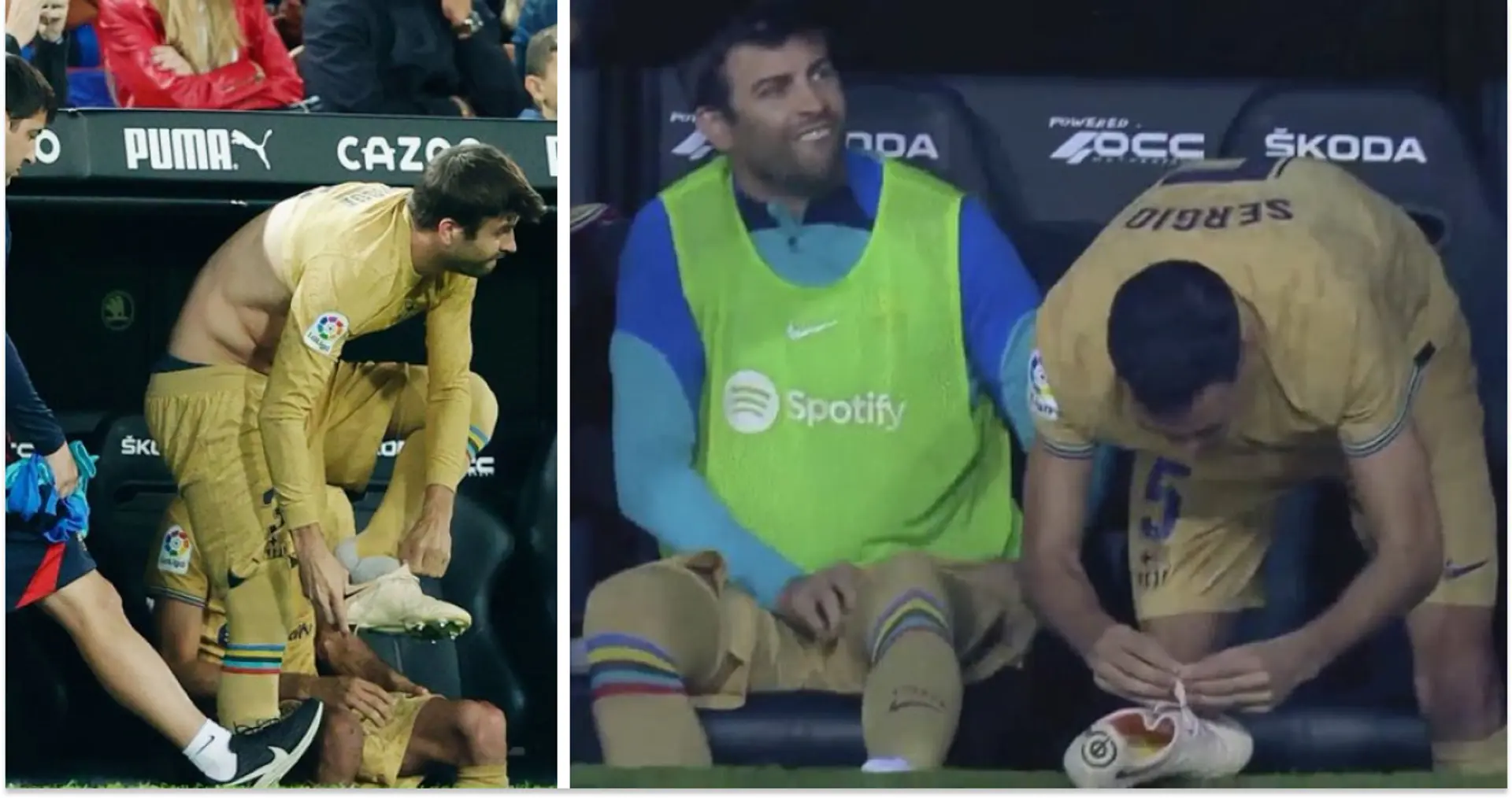Spotted: Pique caught off guard by unexpected sub, Busquets helps untie his boots 