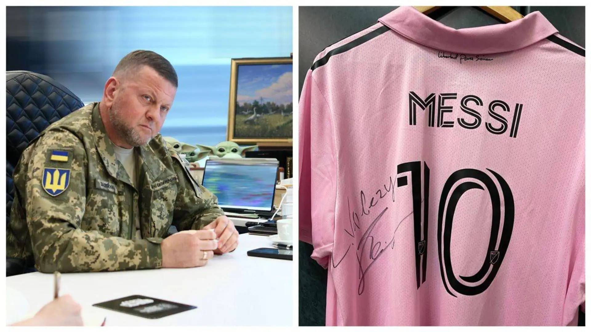 Lionel Messi überreicht dem Oberbefehlshaber der ukrainischen Armee ein signiertes Trikot