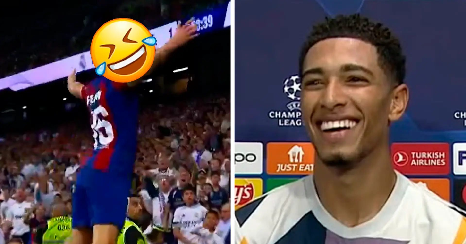 Barca player tries to replicate Bellingham's celebration - Jude later shows him how it's done 