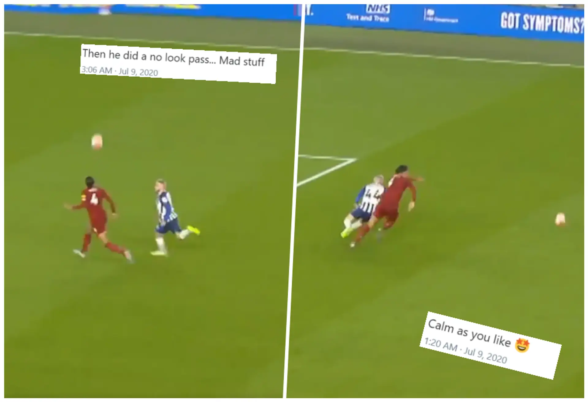 Virgil Van Dijk heads the ball to himself and makes a no-look pass to embarrass Brighton's forward