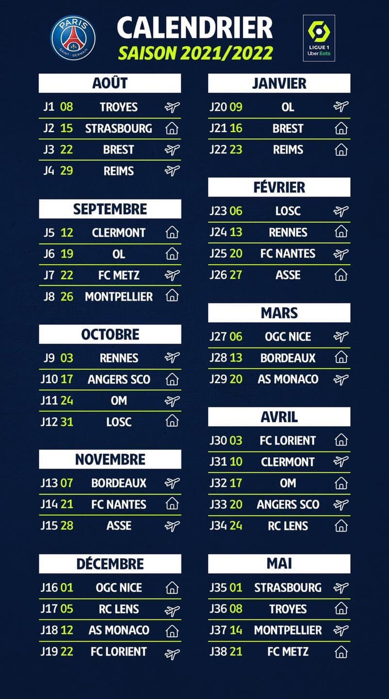 ⚡ OFFICIEL: Le calendrier du PSG de la saison 2021-22 de Ligue 1