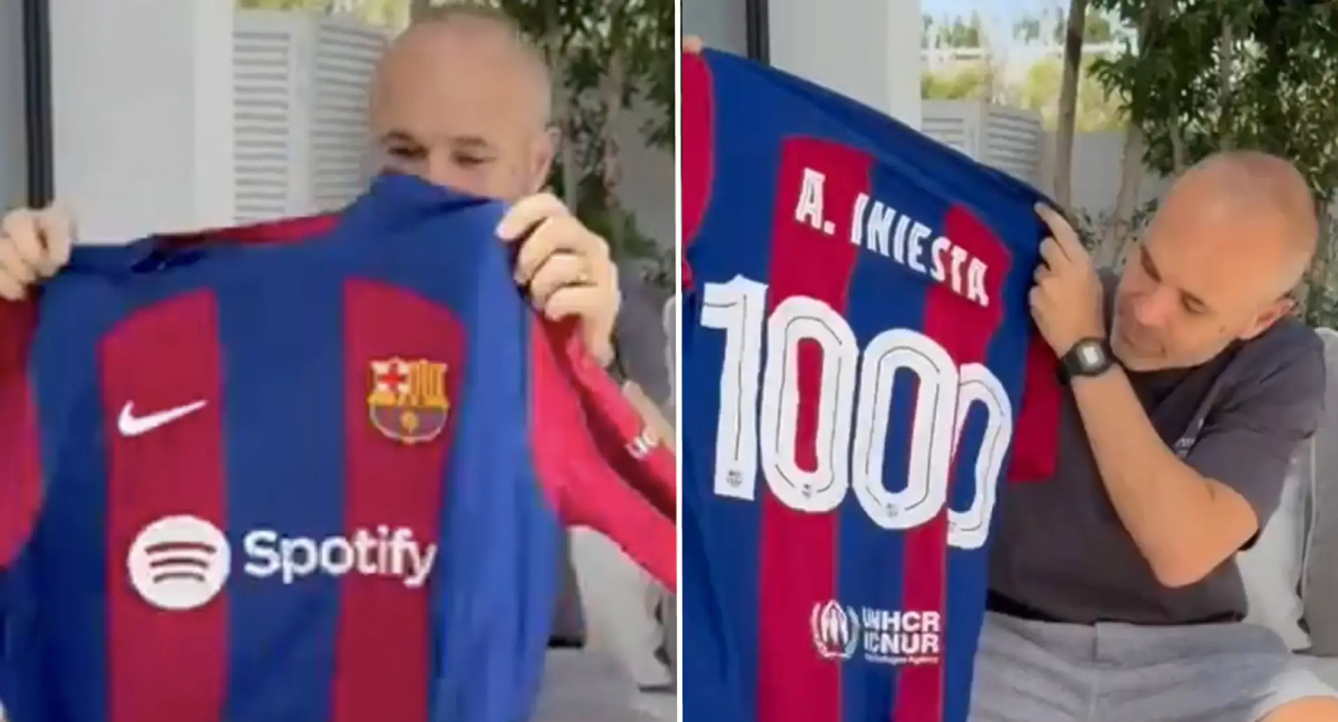 Andrés Iniesta a l'air nostalgique en recevant un cadeau spécial du Barça pour célébrer son 1000e match en carrière