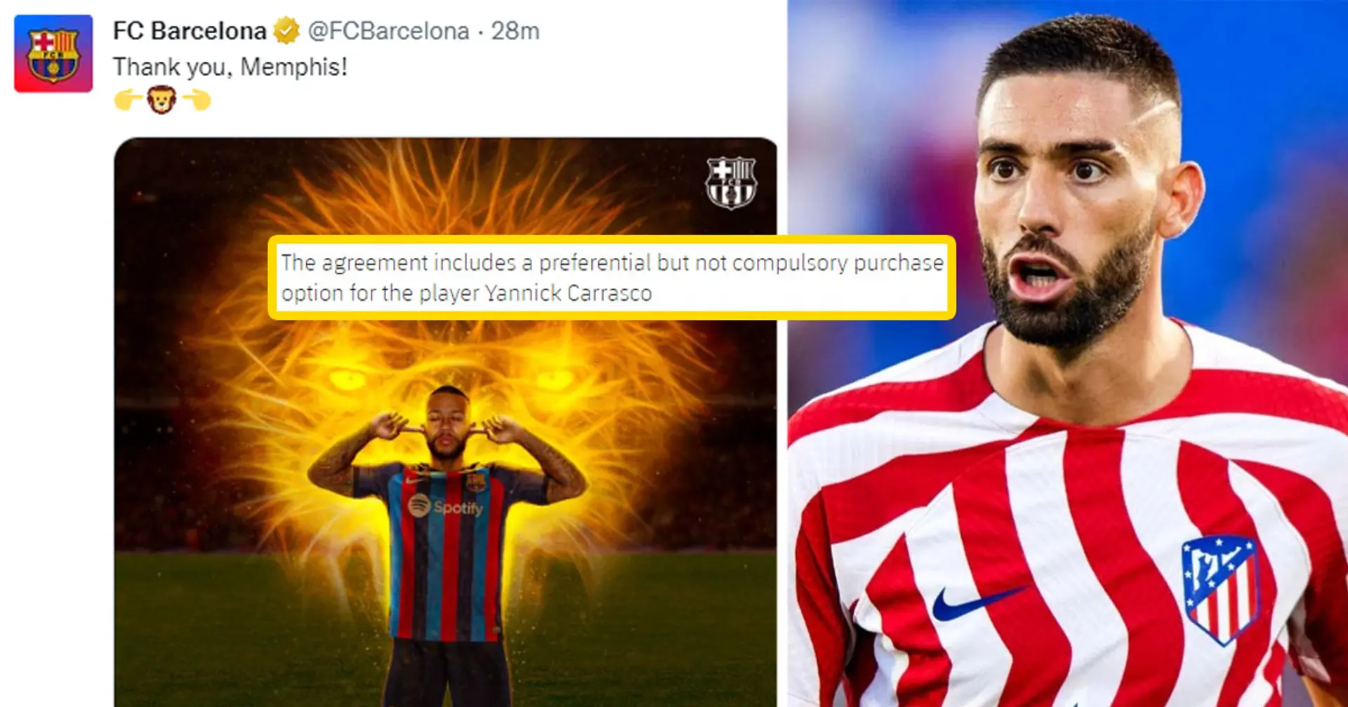 El Barça confirma la 'opción de compra preferencial' de Carrasco como parte del traspaso de Memphis