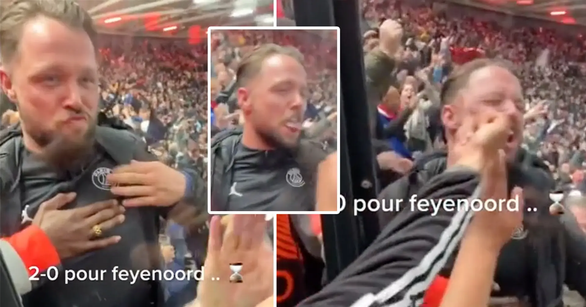 Un fan de Feyenoord avec le logo du PSG se moque brutalement des supporters de Marseille après que son équipe ait marqué