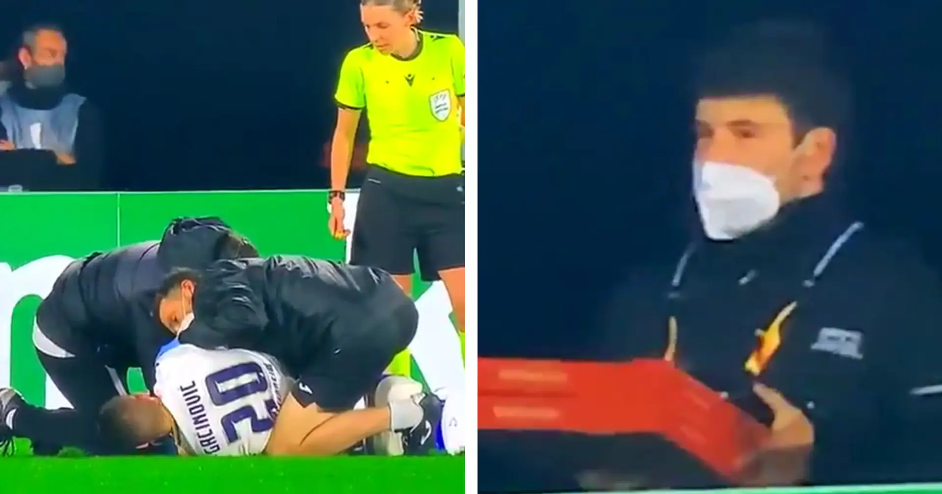 Shocked steward brings pizza as player gets treatment for rough clash