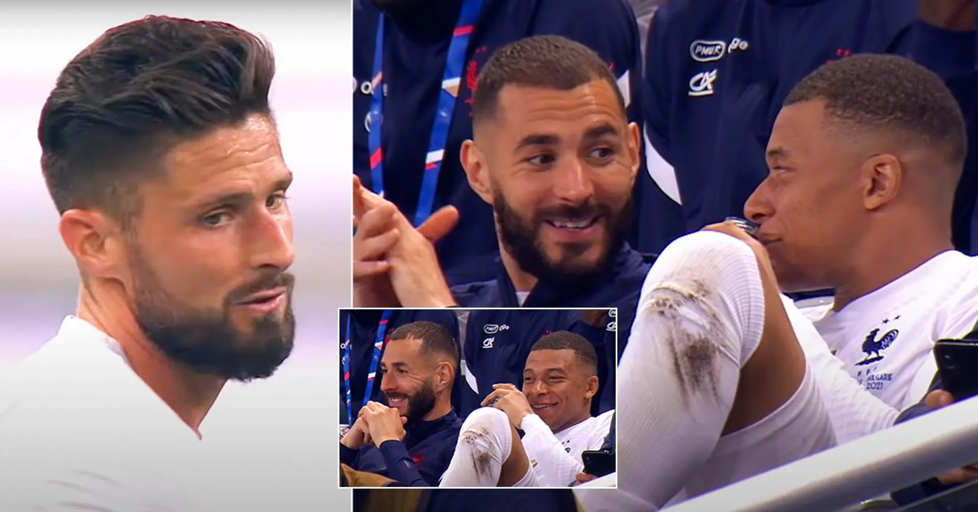 Karim Benzema und Kylian Mbappe lachten nach dem Tor von Oliver Giroud und wurden vor der Kamera erwischt