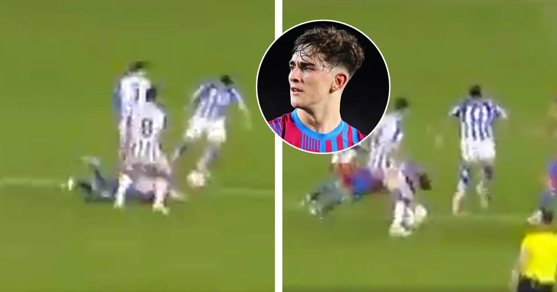 Spotted: Gavi tries to tackle Real Sociedad player with his head while on the ground