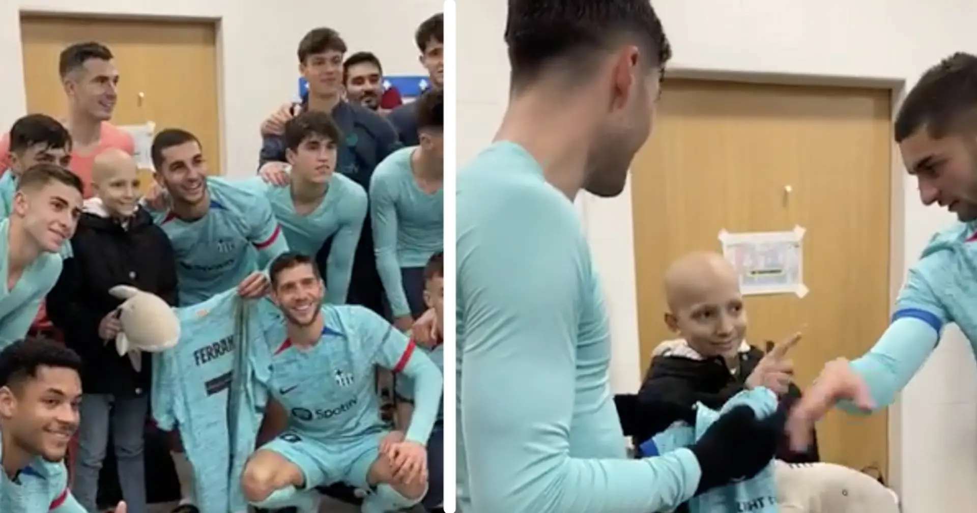 Les joueurs du Barça célèbrent la victoire contre les Unionistas avec le maillot offert par Ferran Torres à une jeune fille atteinte d'un cancer.