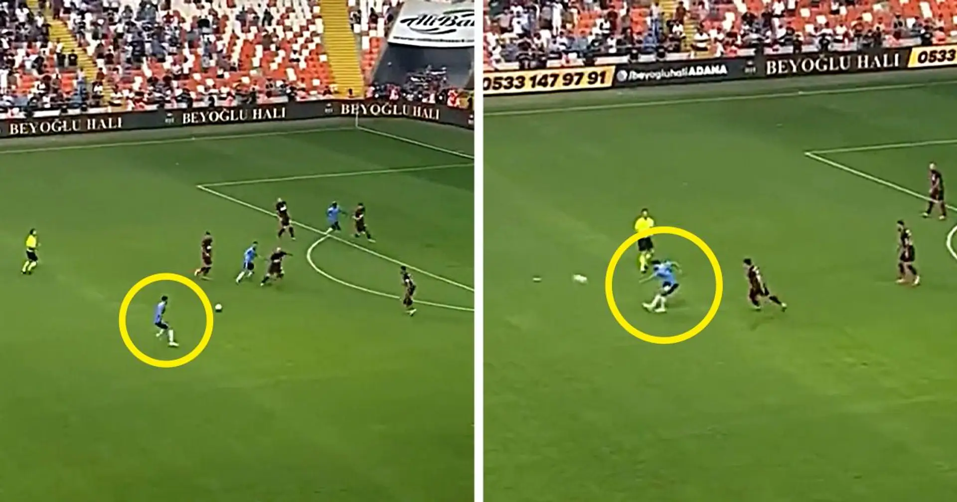 👀 Kurioser Moment in der 90+8. Minute des Conference-League-Spiels: Ein Spieler von Adana Demirspor spielt einen Pass zu seinem Torwart fast über das ganze Spielfeld