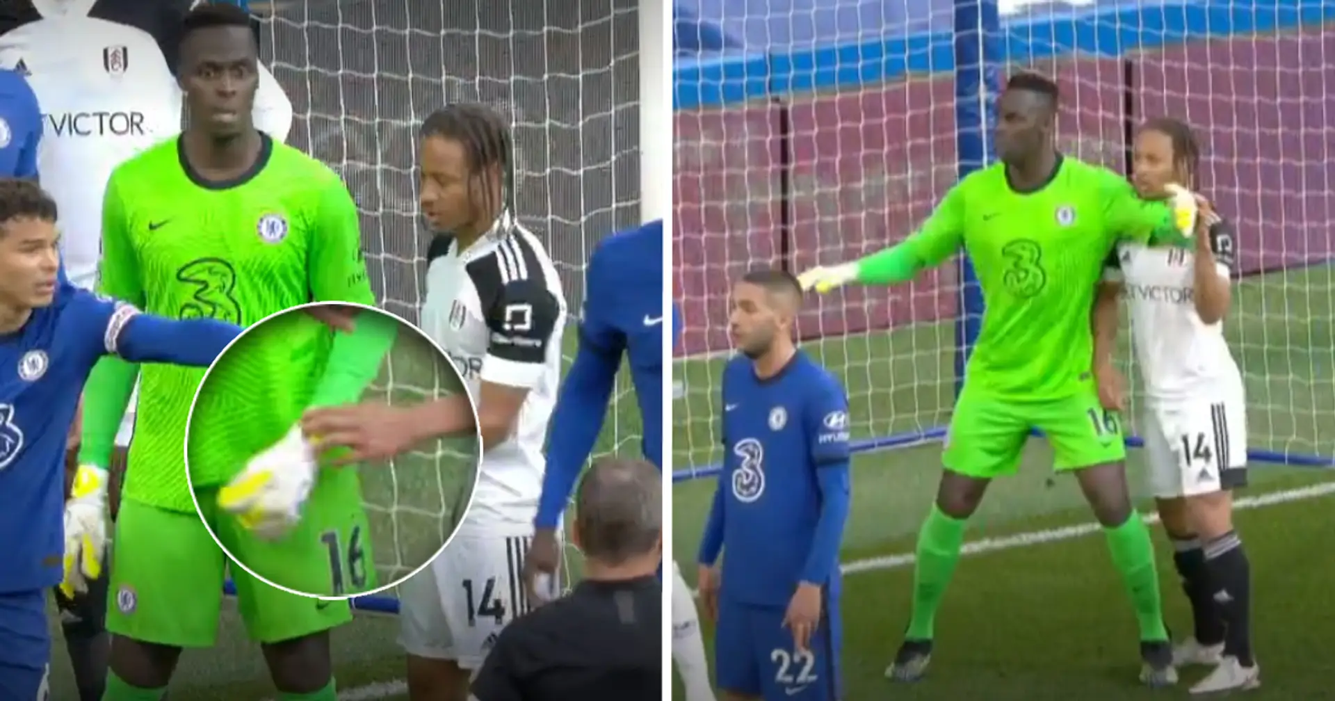 Disgraceful: Fulham forward tries to distract Mendy by undoing keeper's gloves during corner routine