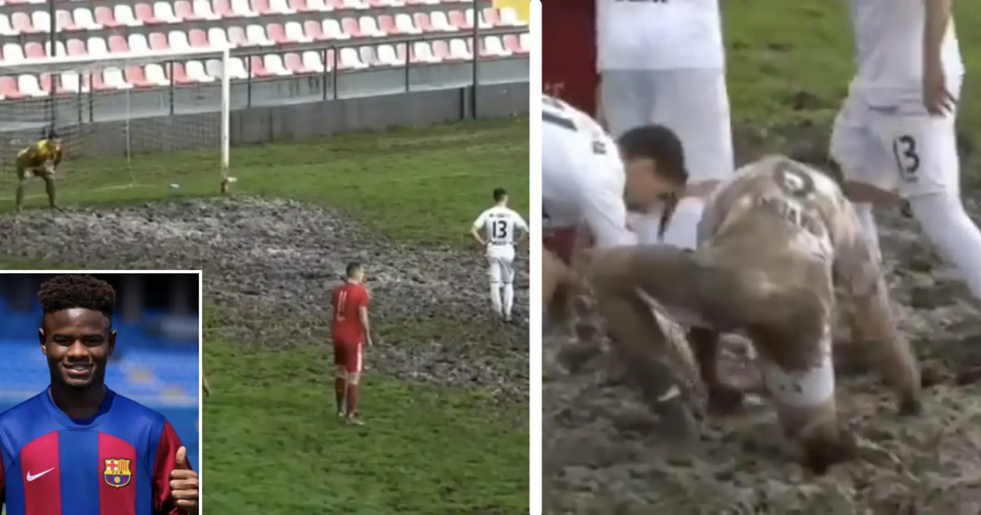 Player takes penalty kick in huge mud puddle – Mikayil Faye played in that league last year