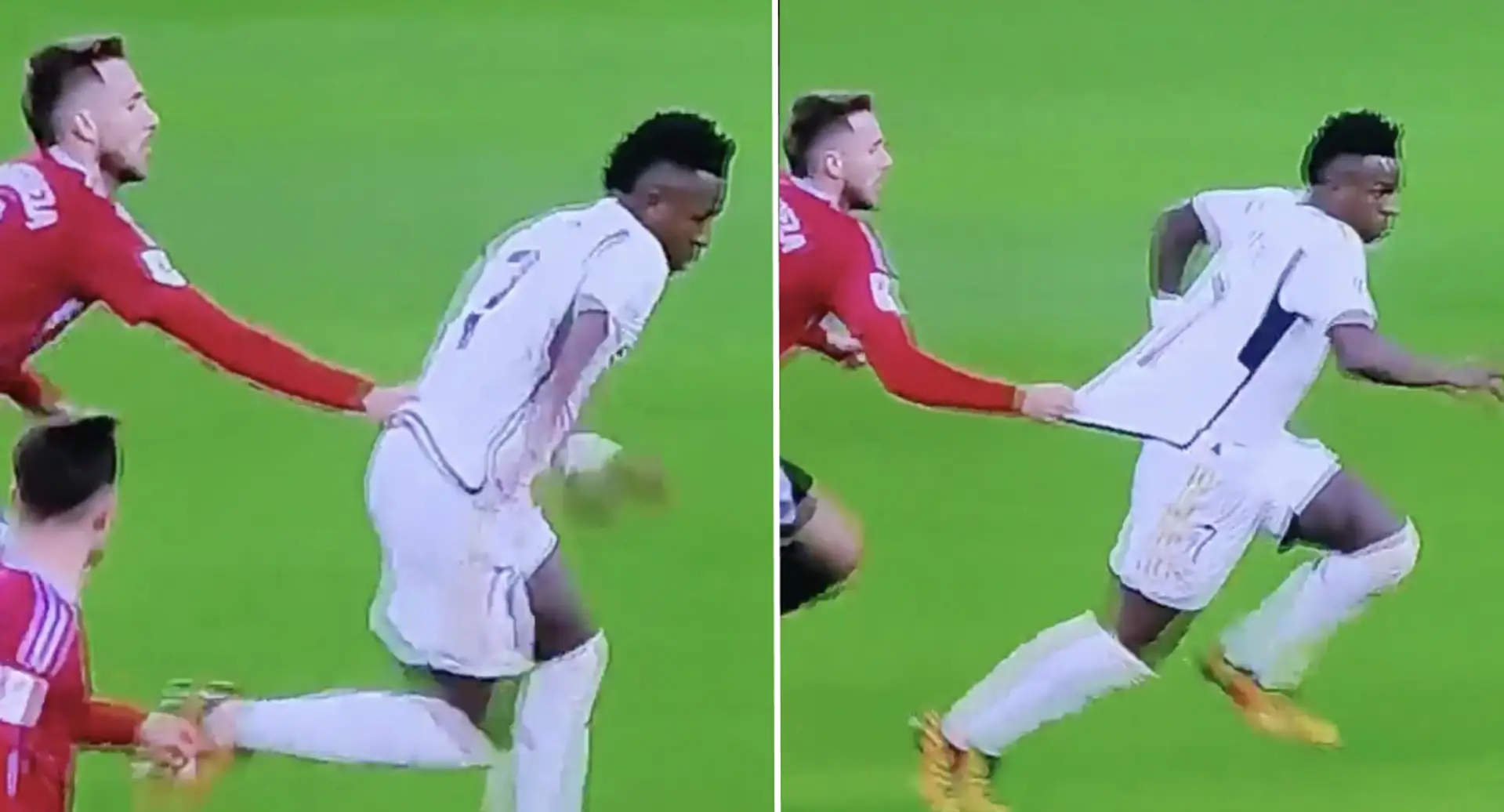 Vinicius' fiery reaction to Mingueza's foul nearly saw him getting a RED