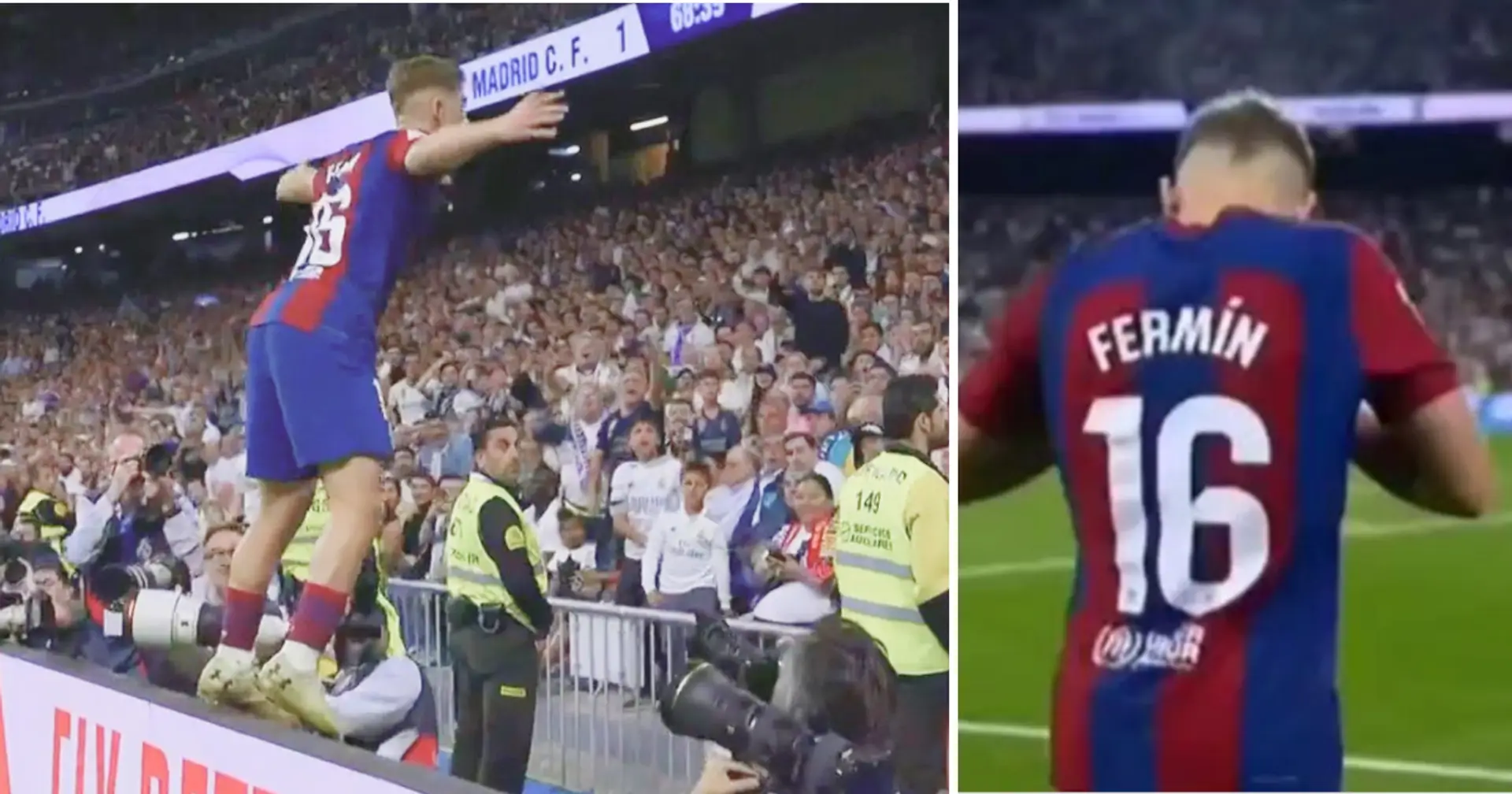 Fermin Lopez celebrates in front of Madrid fans after giving Barca lead in El Clasico