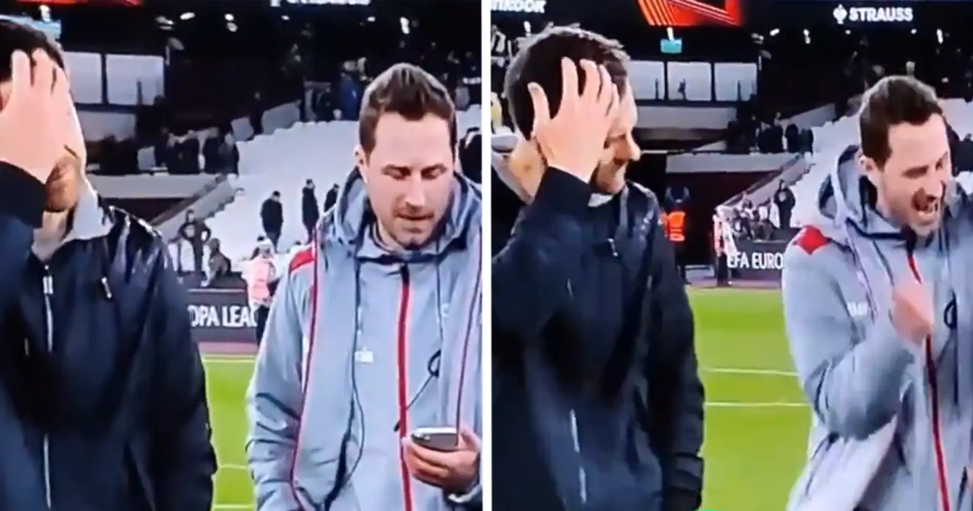 Mit der Kamera eingefangen: Xabi Alonsos Reaktion auf die Nachricht, dass Bayer Leverkusen im Halbfinale der Europa League auf den AS Rom trifft