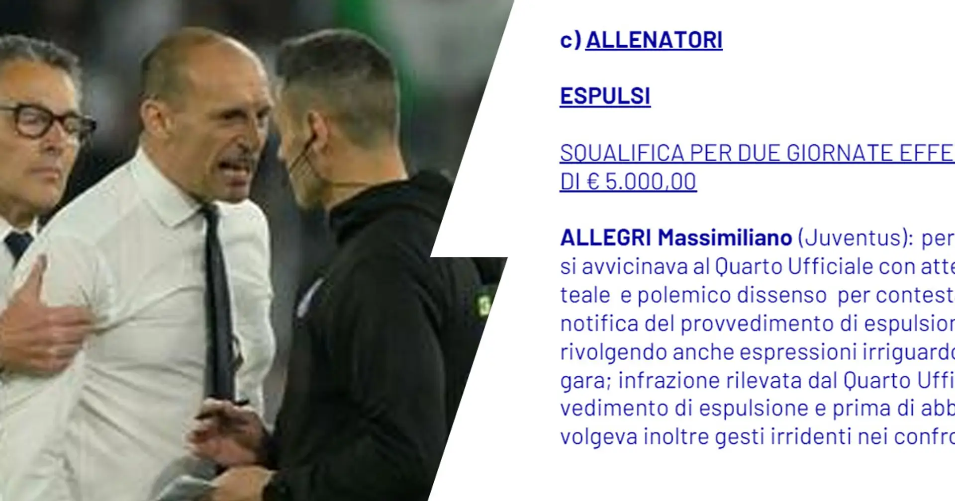FLASH| Il giudice sportivo sanziona Allegri dopo Atalanta-Juventus: il motivo