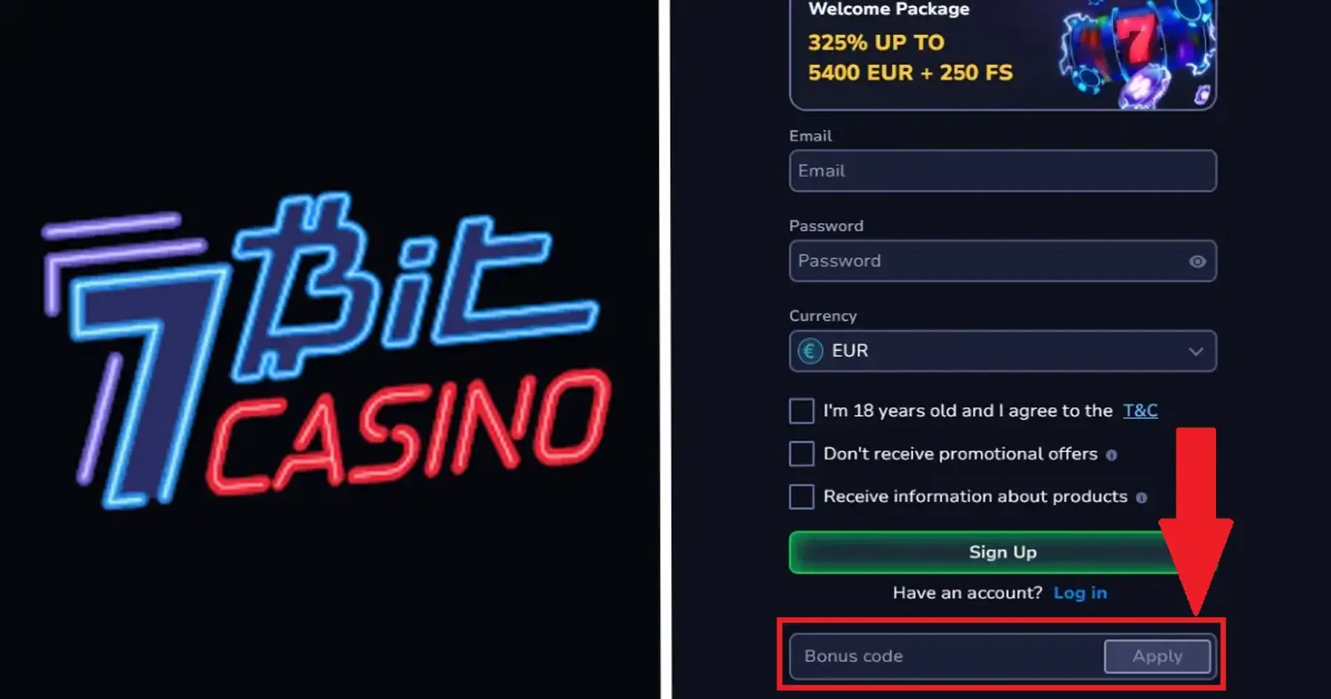 Screenshot of 7bit Casino registration interface showing form fields and security indicators