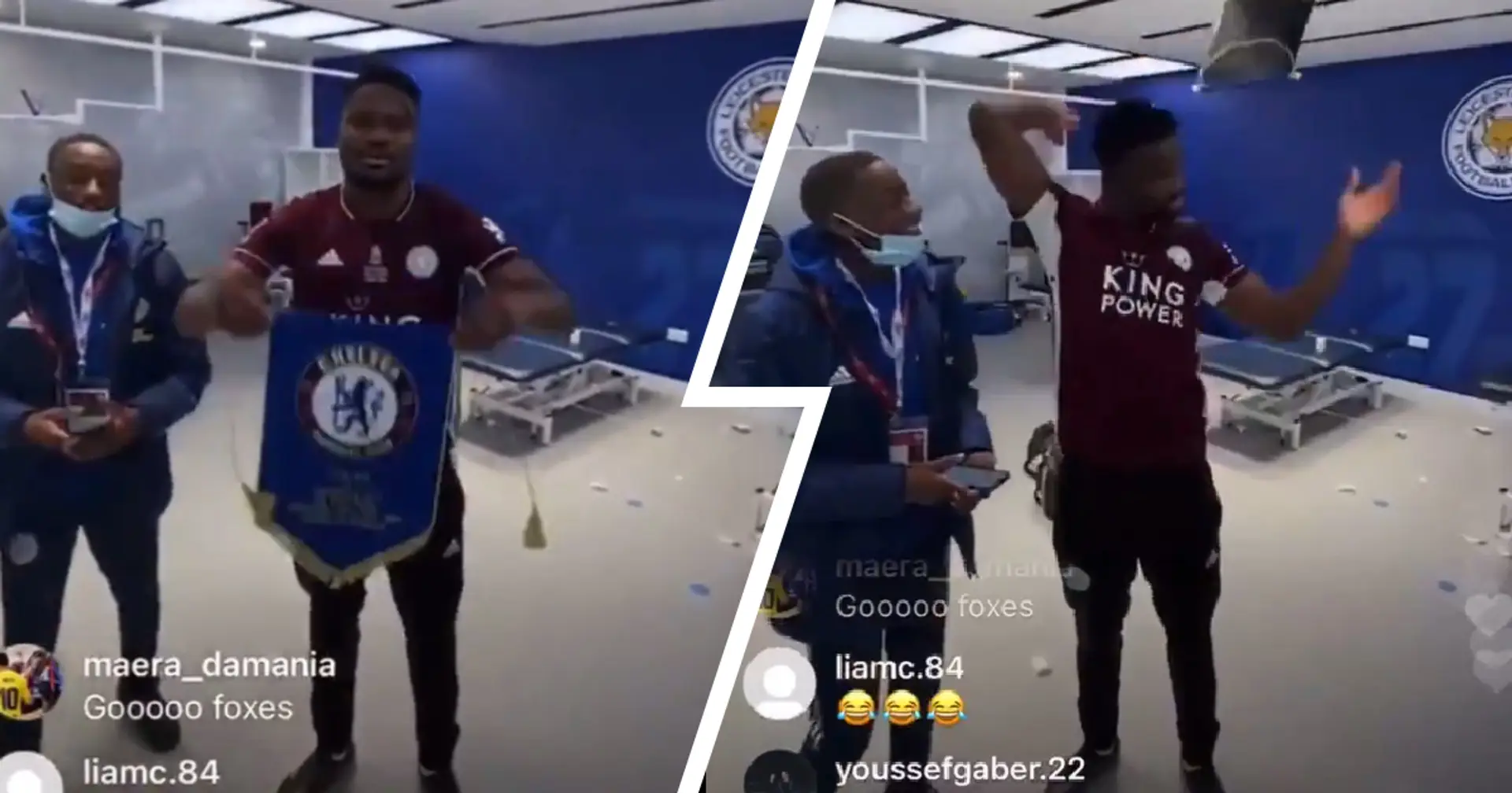 Daniel Amartey throws Chelsea banner onto the floor as Leicester City celebrate FA Cup win