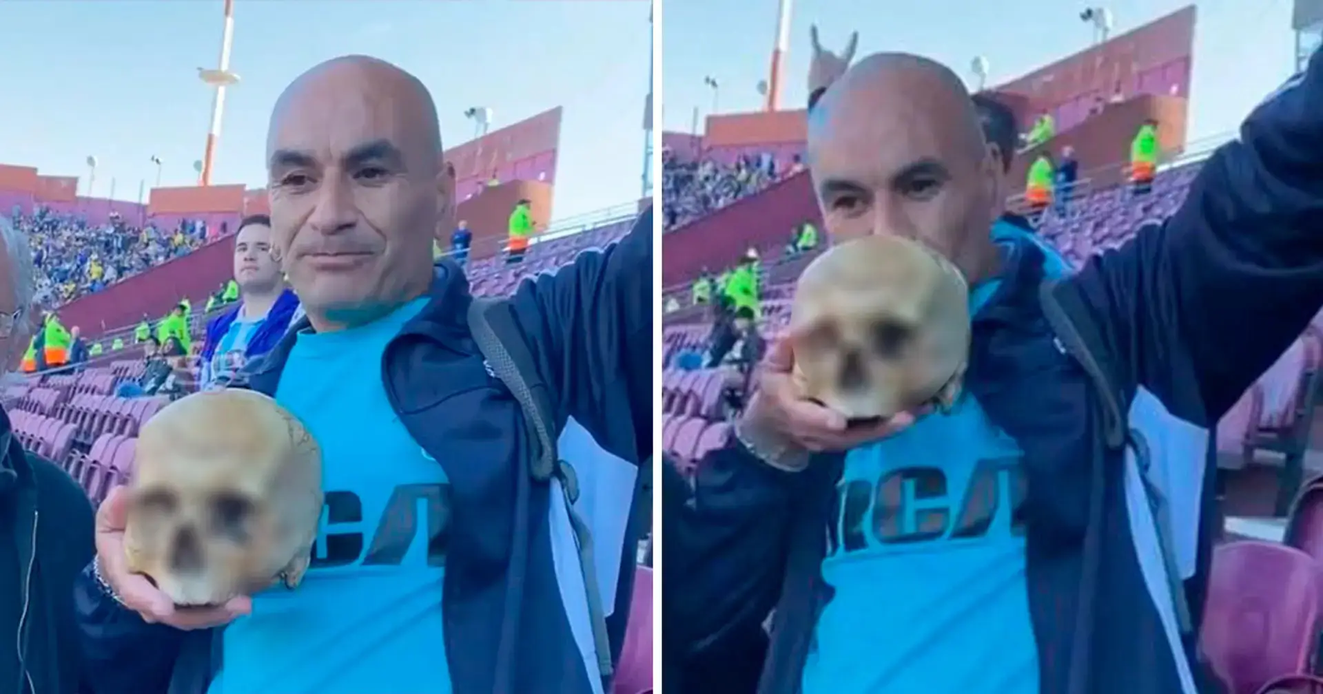 Aficionado argentino trae la calavera de su abuelo para ver el partido y le da un beso previo al partido 