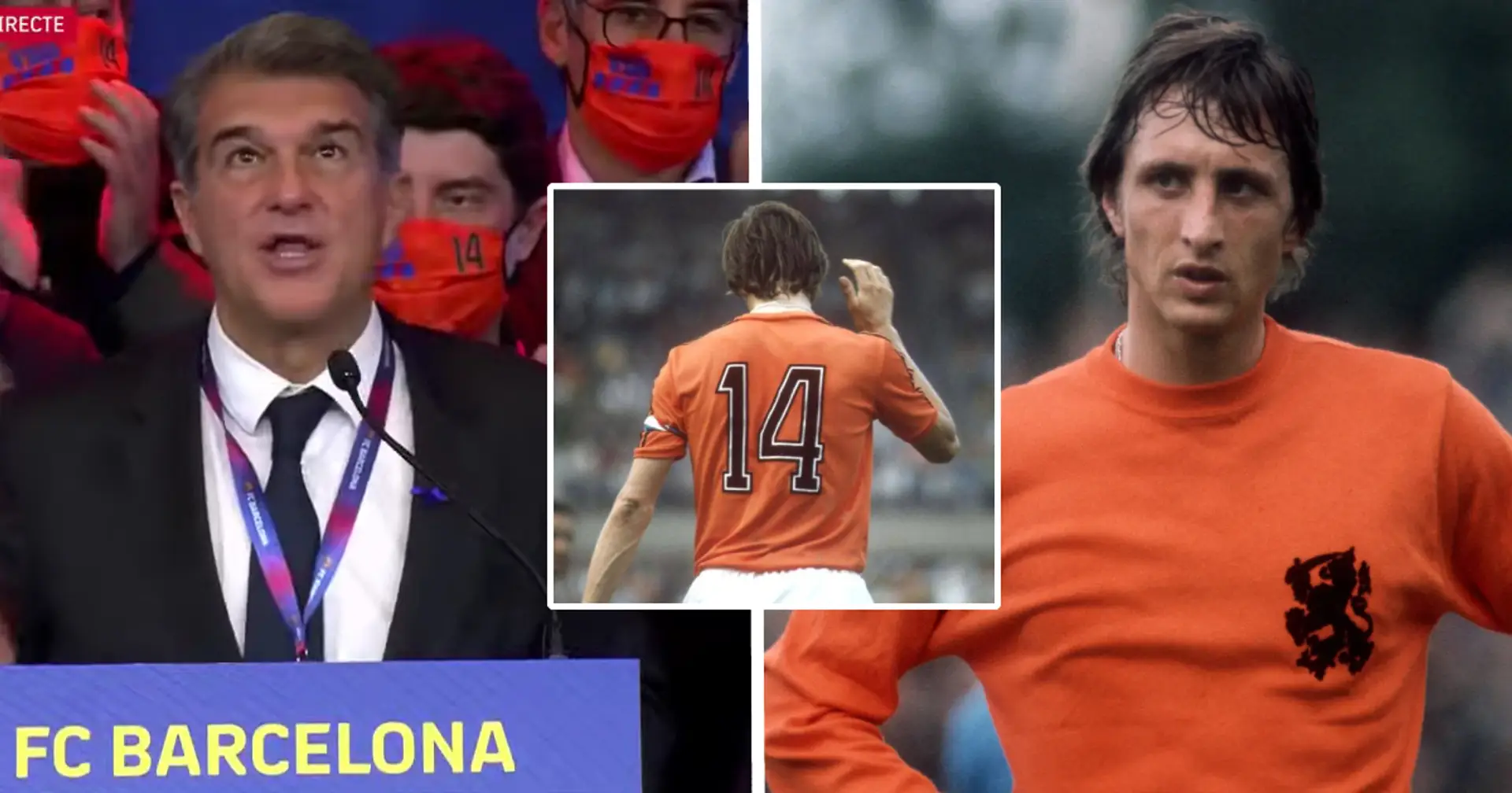 Laporta and his team wearing orange no.14 masks – it is for Johan Cryuff