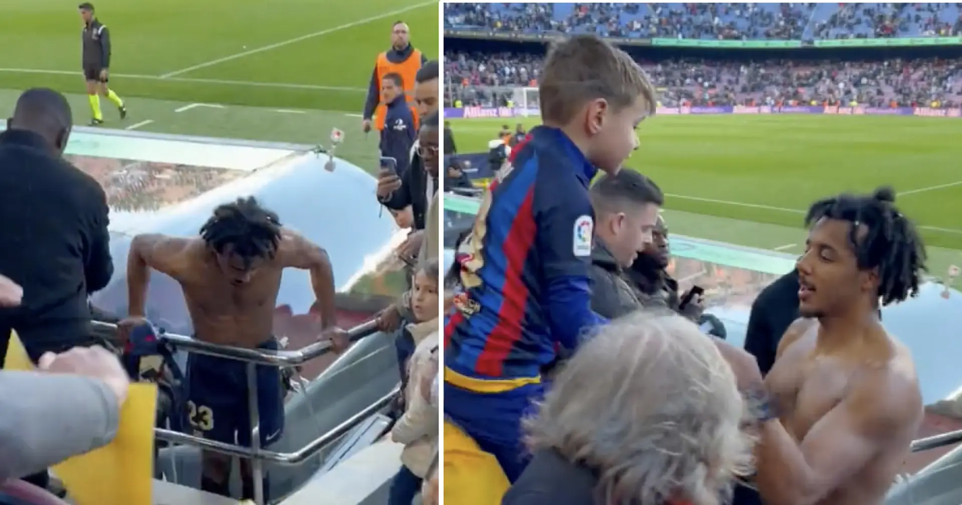Spotted: Kounde jumps into Camp Nou stands to hand young fan jersey -- he rode 400 km for it