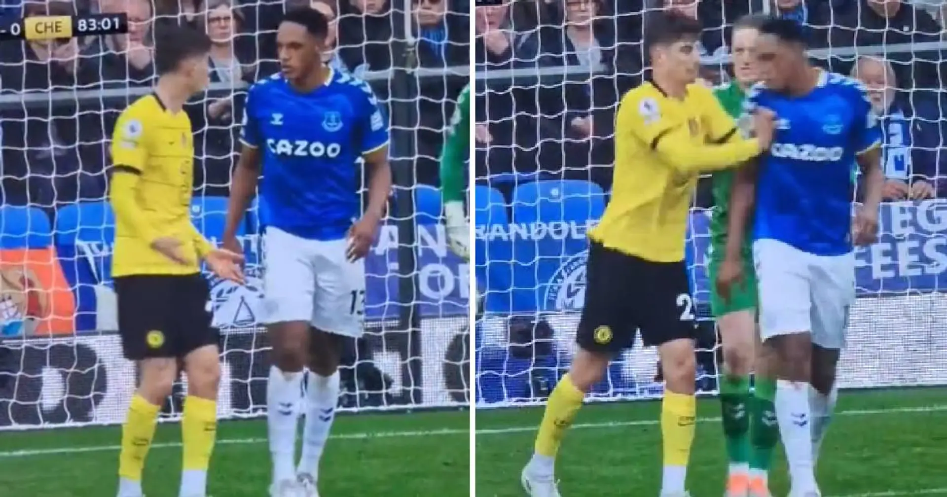 Spotted: Frustrated Havertz pushes Yerry Mina to receive yellow card in Everton defeat