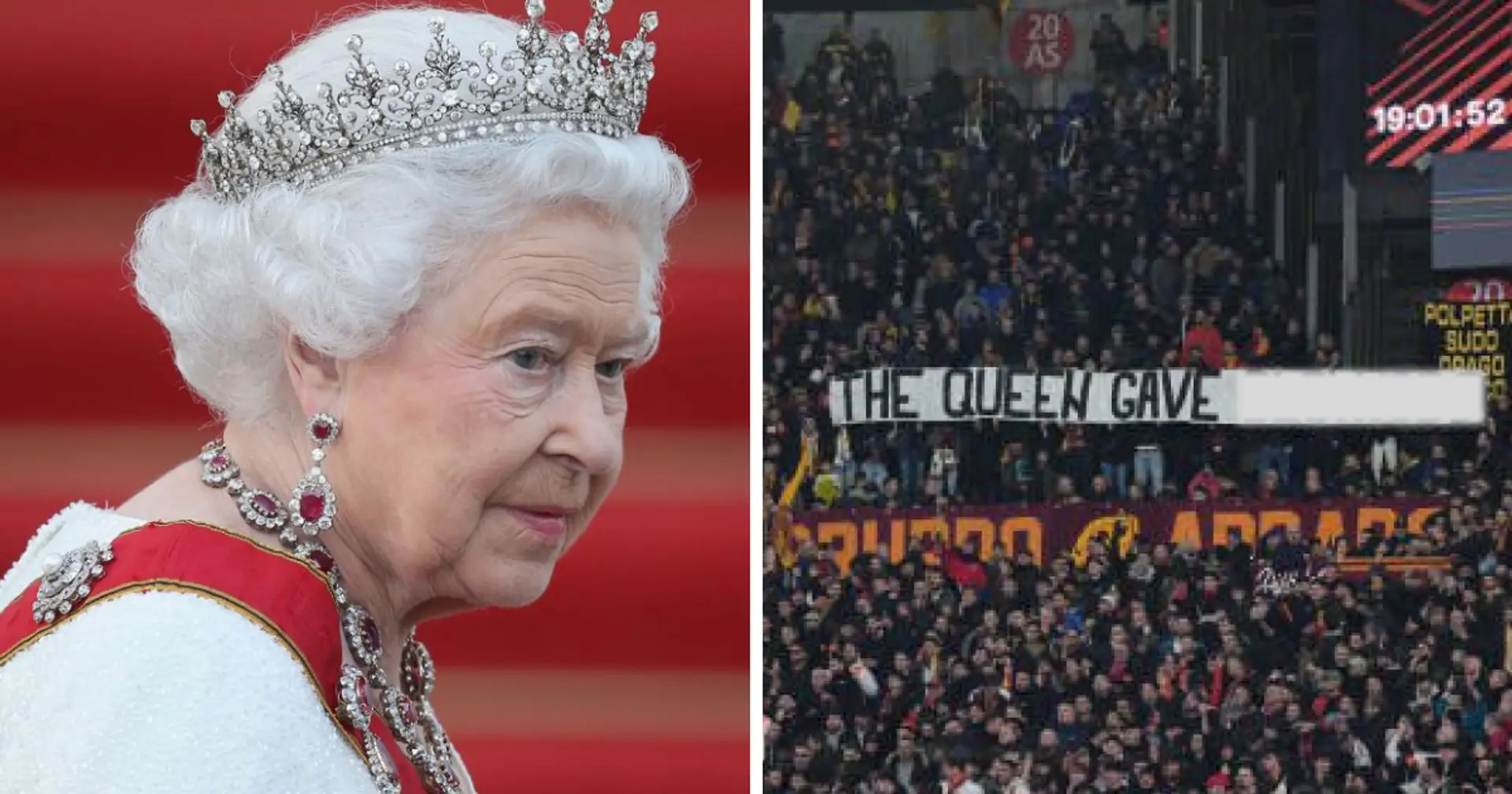 Roma-Ultras halten während des Brighton-Spiels ein abscheuliches Banner mit der Königin hoch
