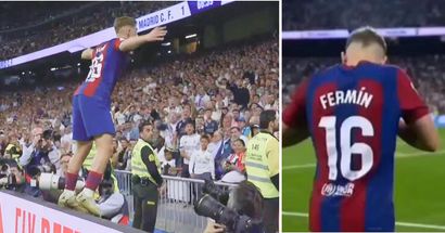 Fermín López celebra ante la afición madridista tras darle ventaja al Barça en el Clásico