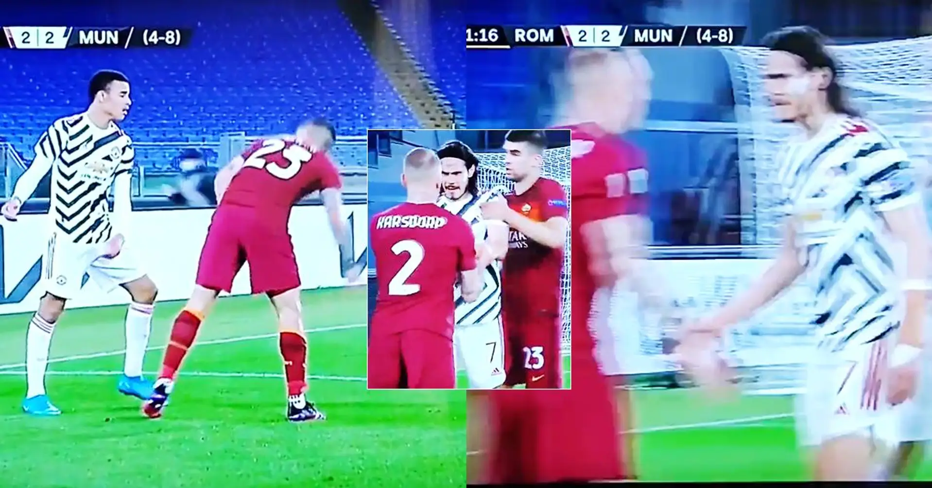 Edinson Cavani reagisce contro due giocatori della Roma dopo che li nota attaccare un giovane del Man United 