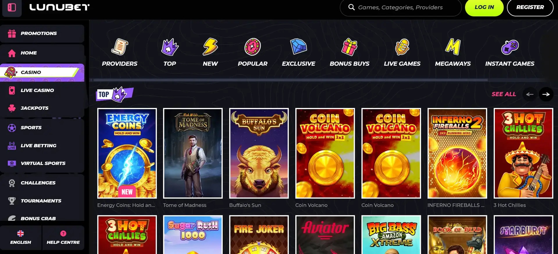 Interface du SG Casino montrant les jeux et bonus