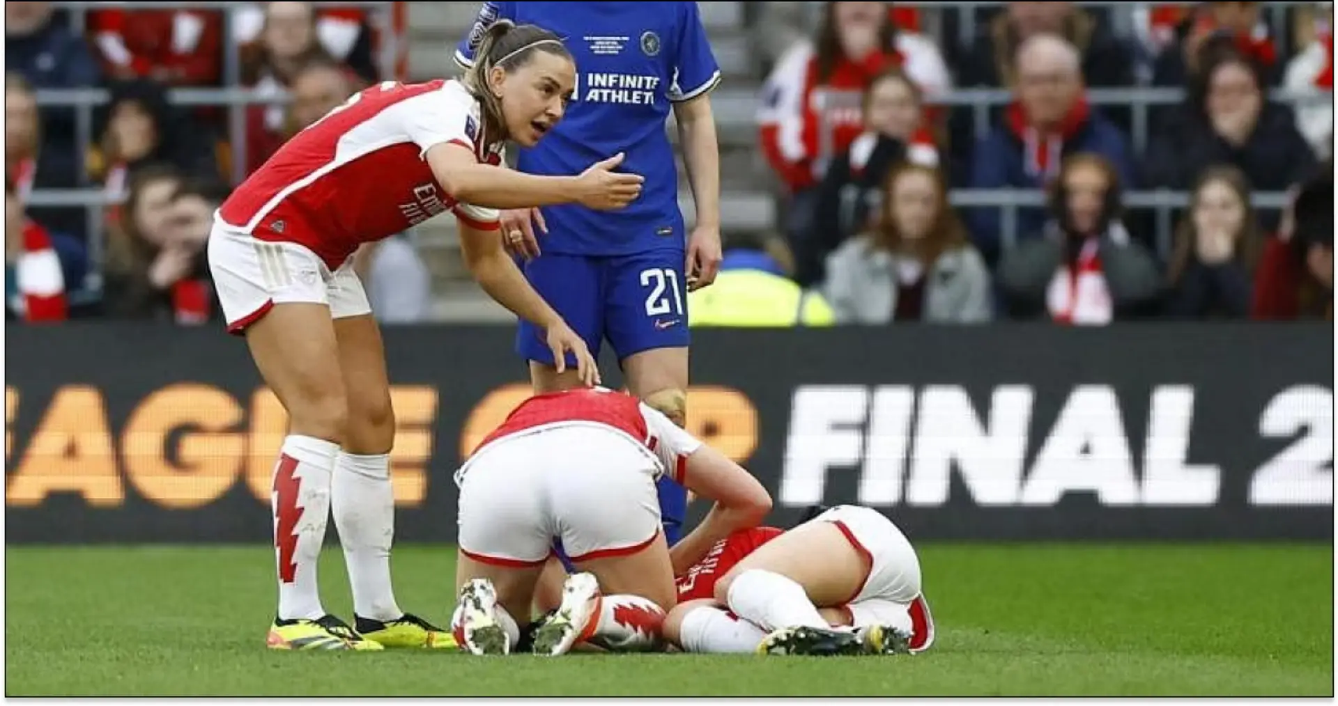 Arsenal Women's Frida Maanum collapses on the pitch during League Cup final