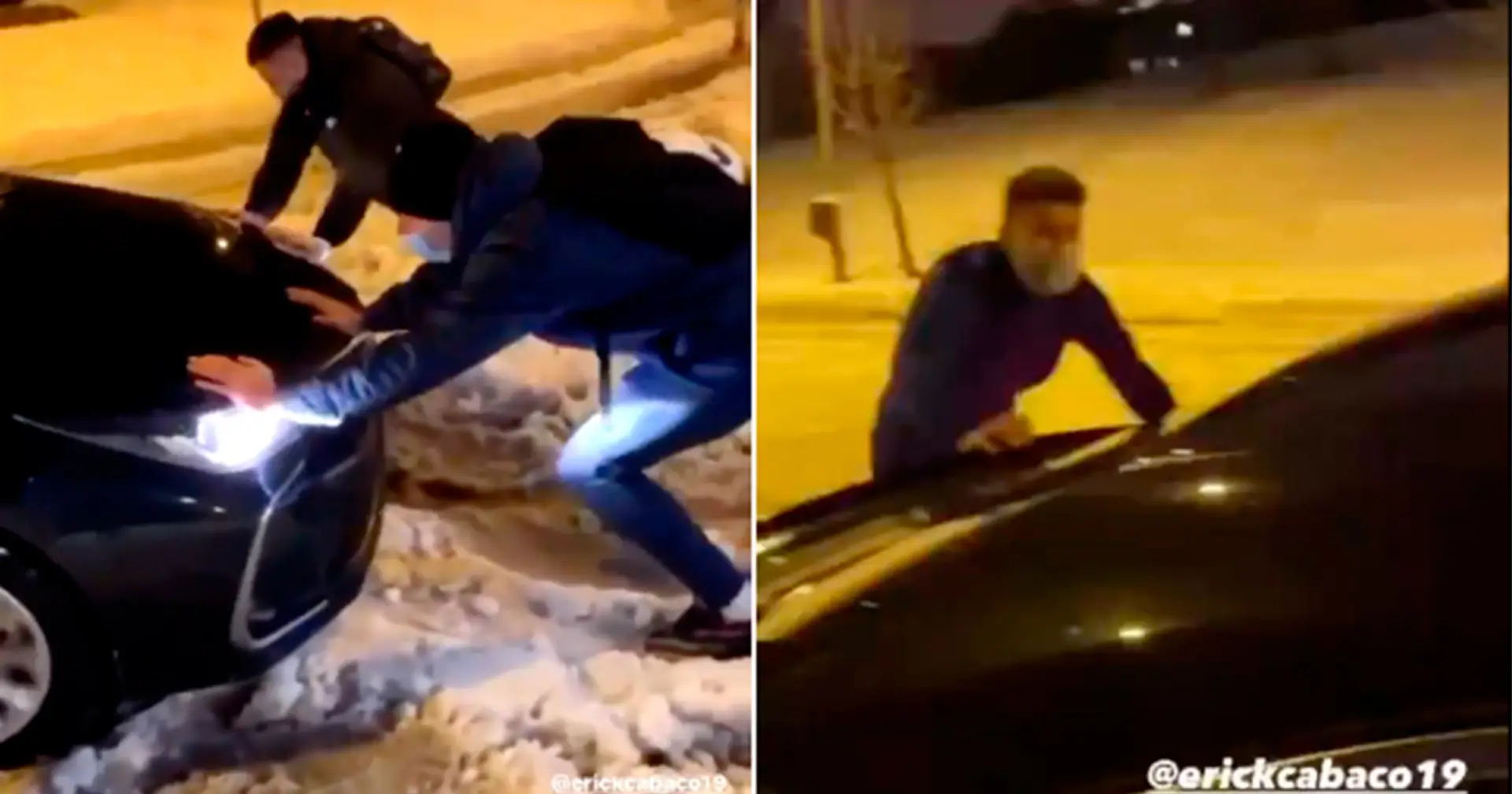 Getafe-Spieler schieben ihr Auto durch den Schnee auf dem Weg zum Teamhotel 