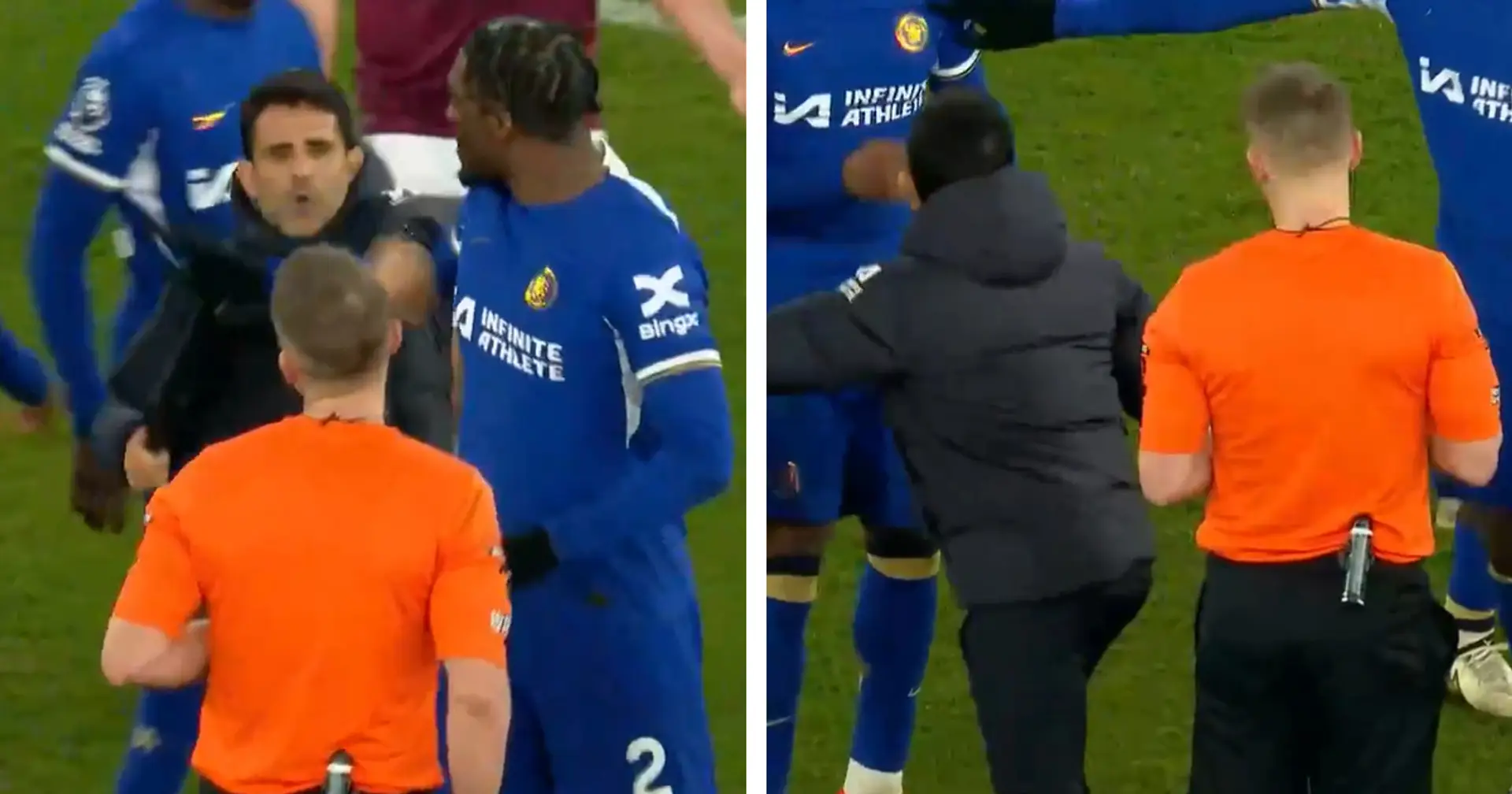 Who is Chelsea's coach shoving players away from referee after late-time controversy?