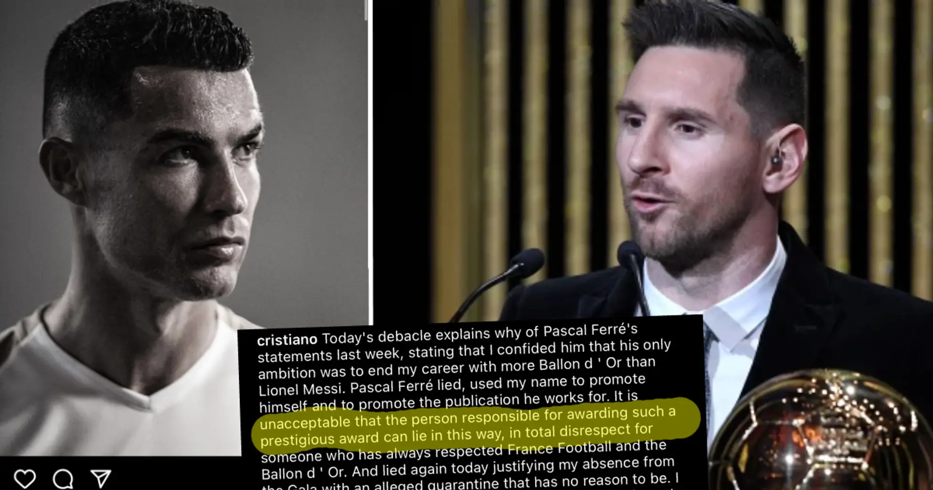 'Totale mancanza di rispetto, bugia': Cristiano Ronaldo risponde a France Football per la vittoria di Messi al Pallone d'Oro