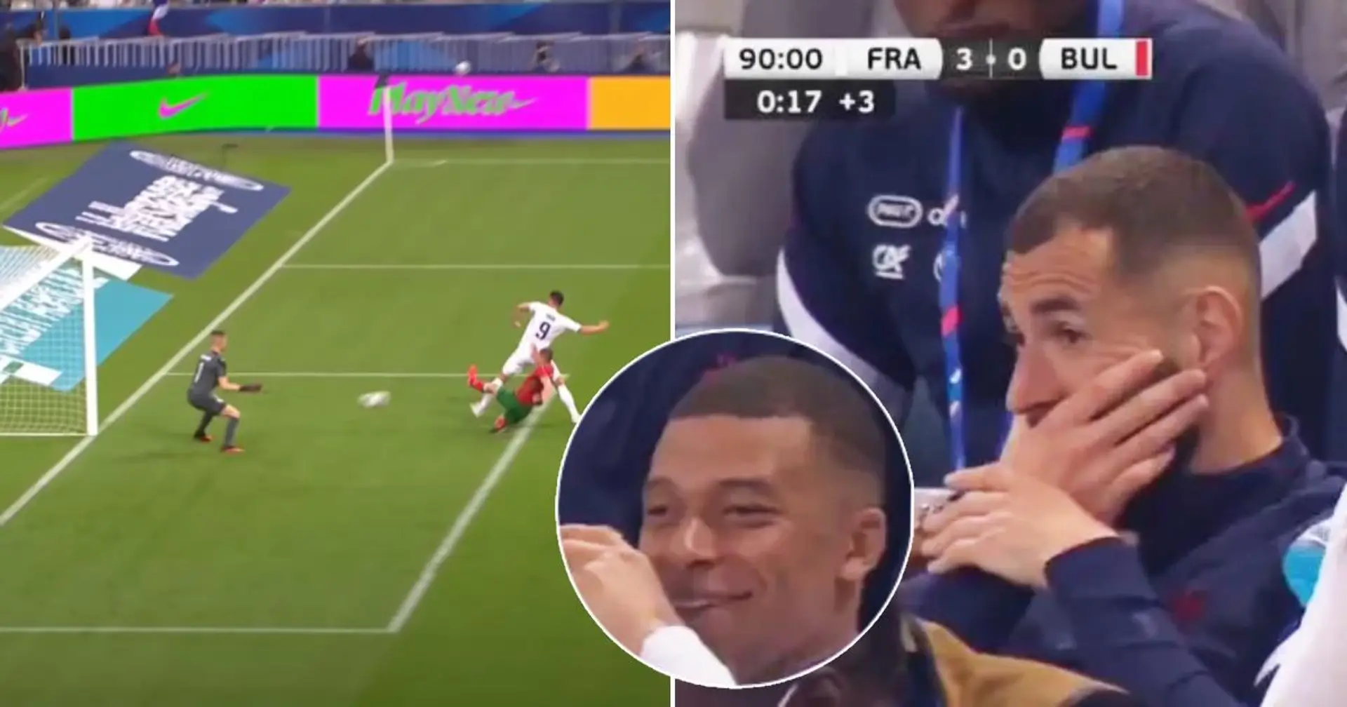 La caméra repère la réaction de Karim Benzema alors qu'Olivier Giroud marque deux fois après l'avoir remplacé