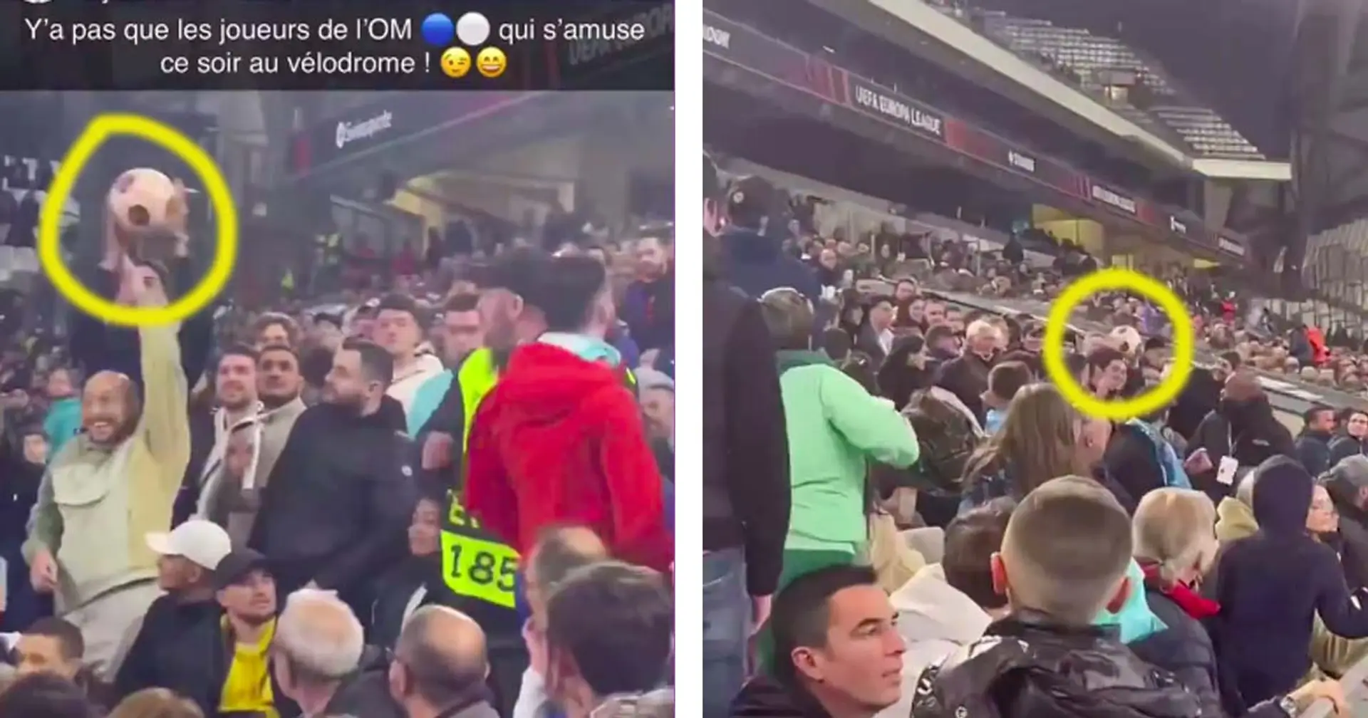 Capturé : Les supporters de l'OM se passent un ballon de match entre eux en tribune devant les stadiers impuissants