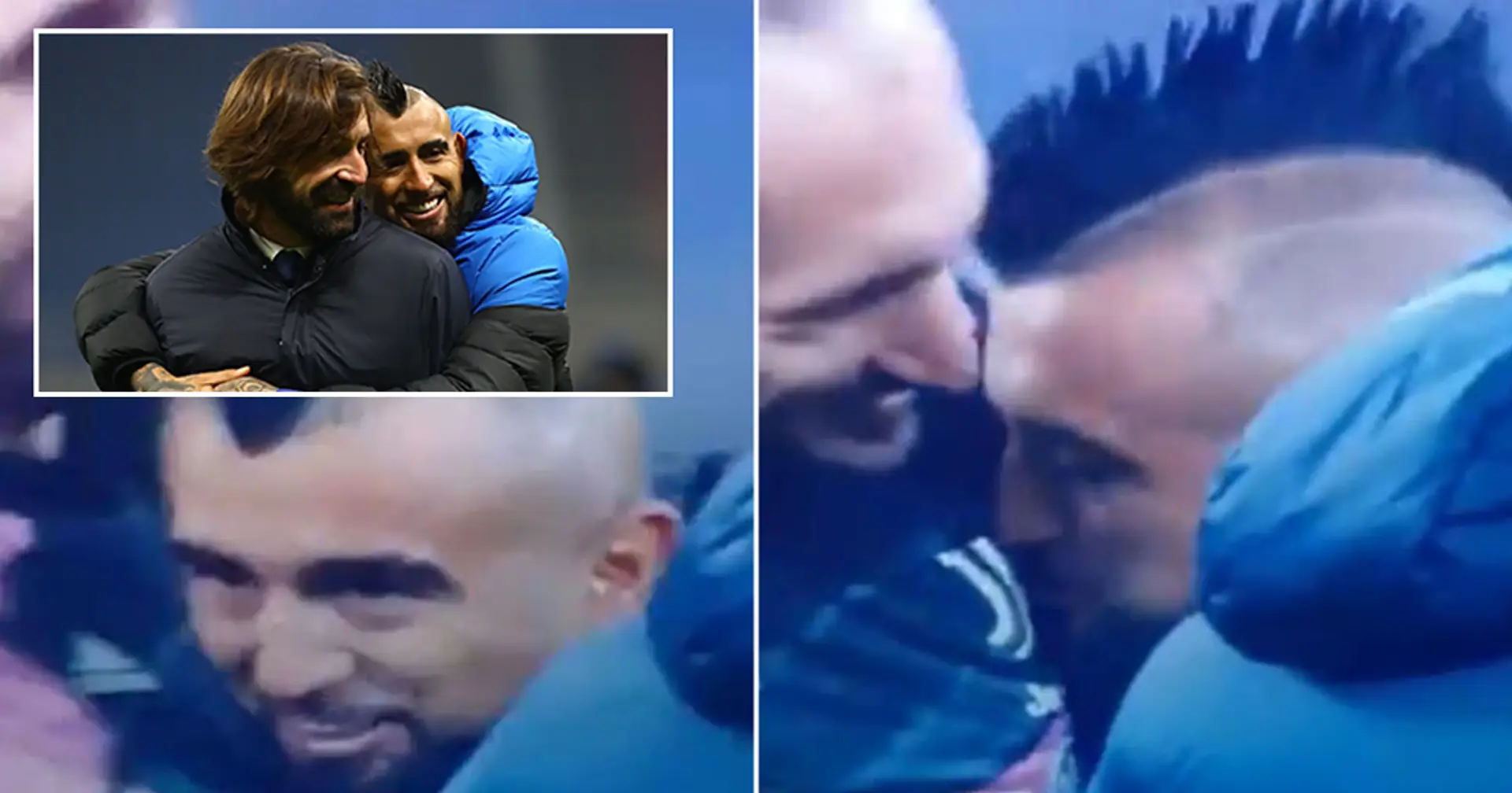 Arturo Vidal, estrella del Inter, sorprendido besando el escudo de la Juventus justo antes del partido Inter-Juve