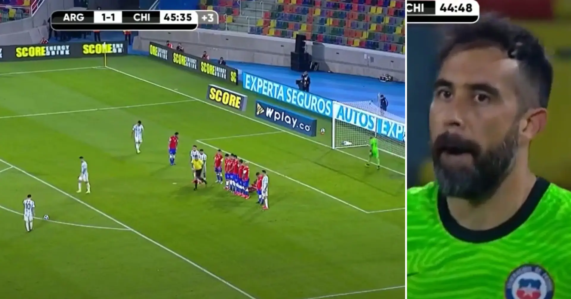 Claudio Bravo's nerves spotted on camera as he realises he has to save Leo Messi's free-kick