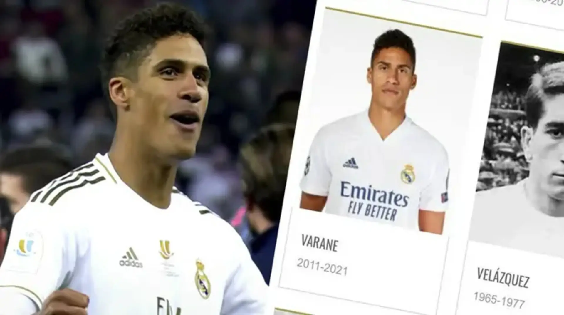 Varane añadido a la lista de 'leyendas' en la web del Real Madrid