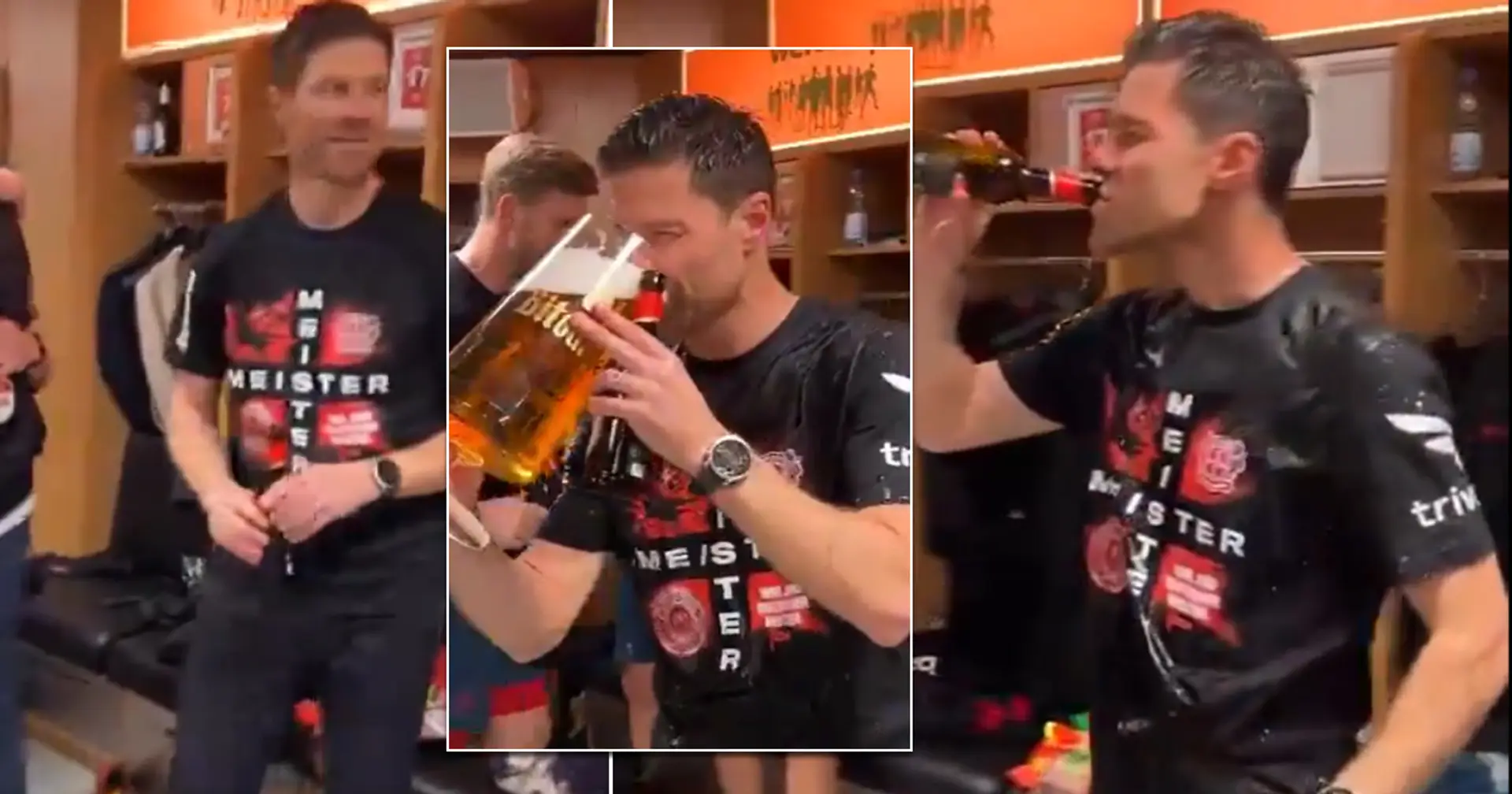 Xabi Alonso in der Umkleidekabine von Bayer Leverkusen mit Bier überschüttet