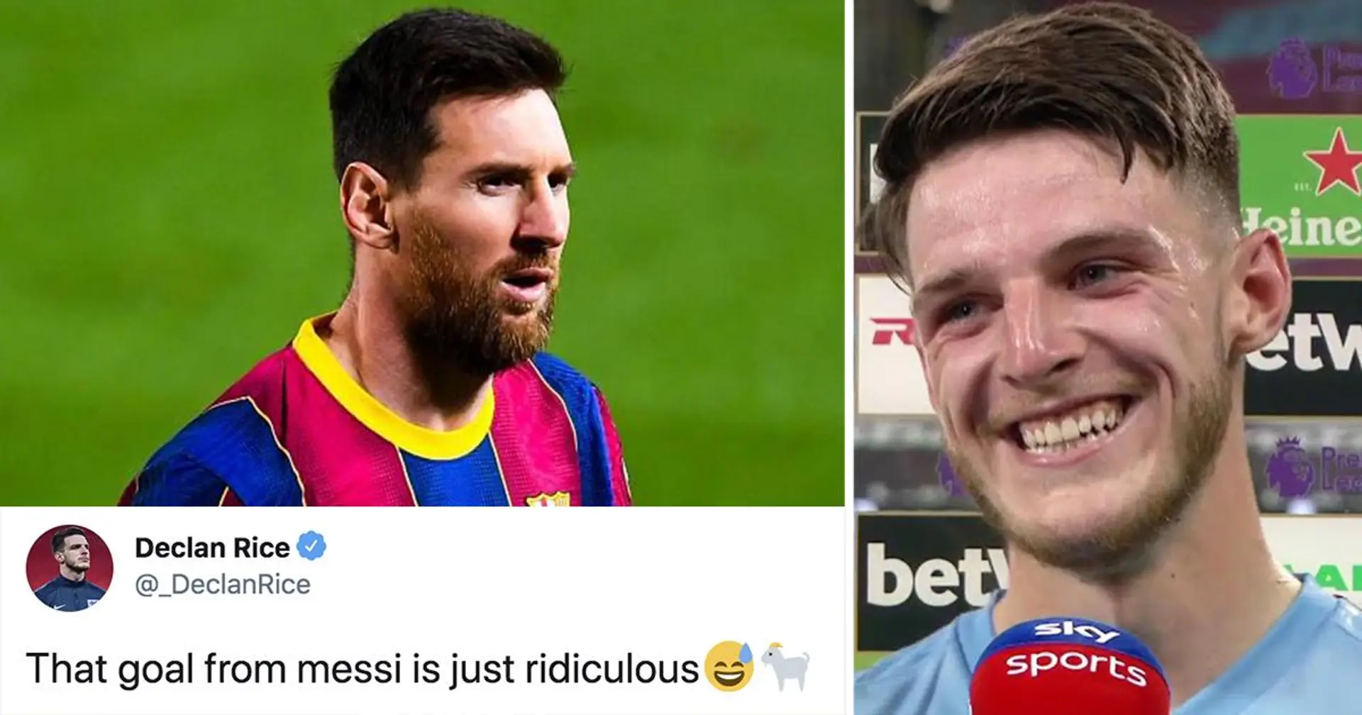 La star de West Ham, Declan Rice, semble être un fervent fan de Messi - ses derniers tweets "aimés" concernent Leo