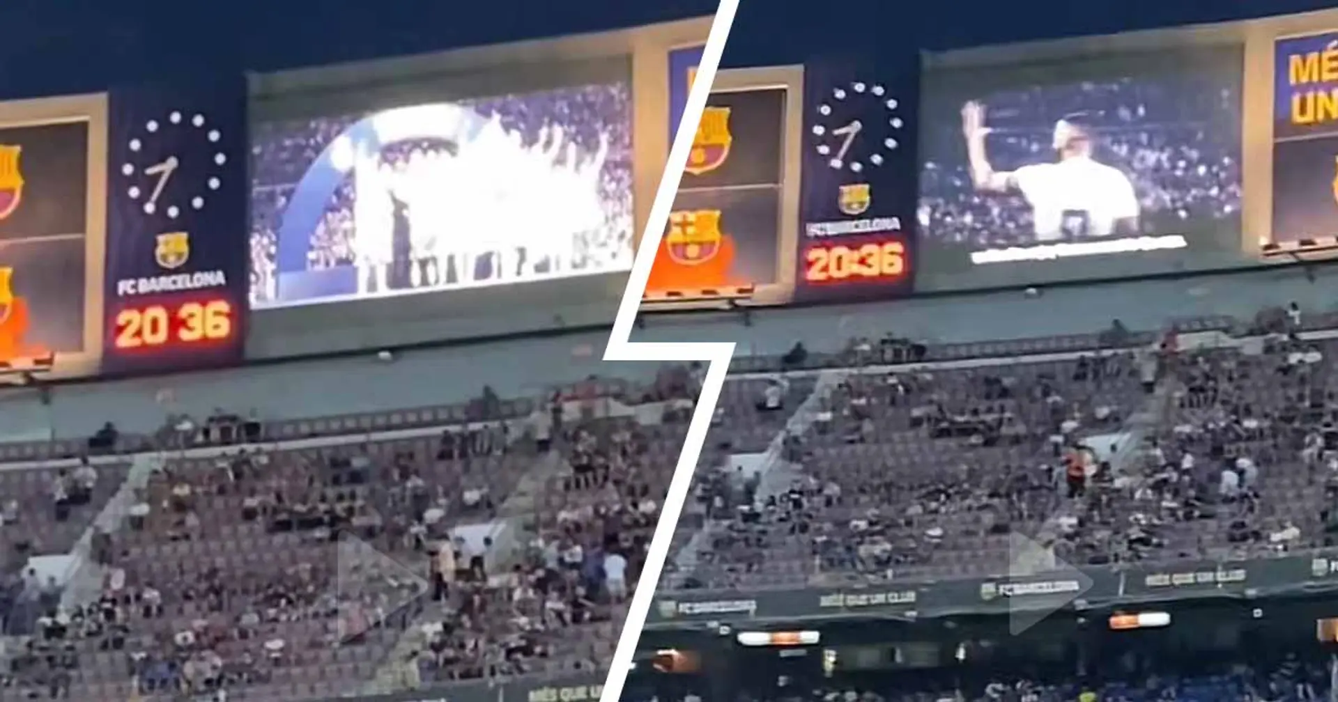 La pantalla del Camp Nou muestra un video del Real Madrid celebrando el trofeo de la Champions, minutos antes del partido del Barça