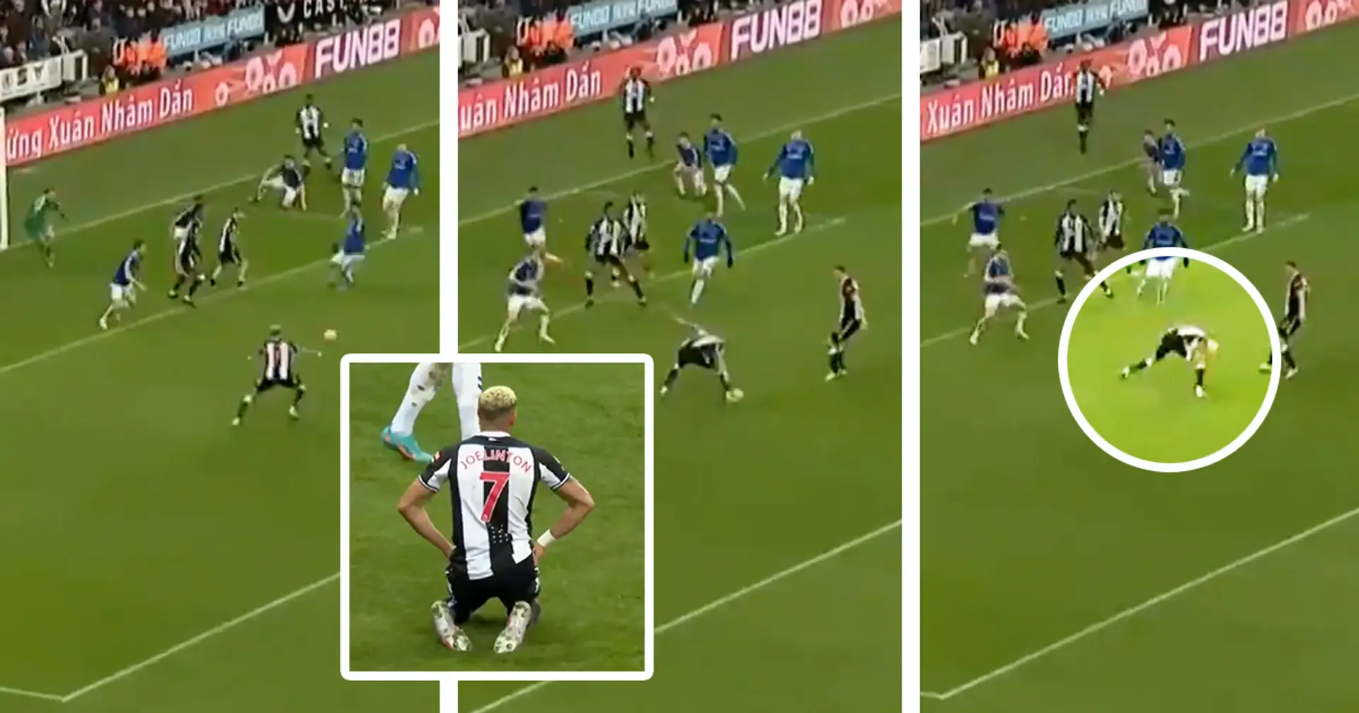 Newcastle's Joelinton hitting his own head with a shot vs Everton