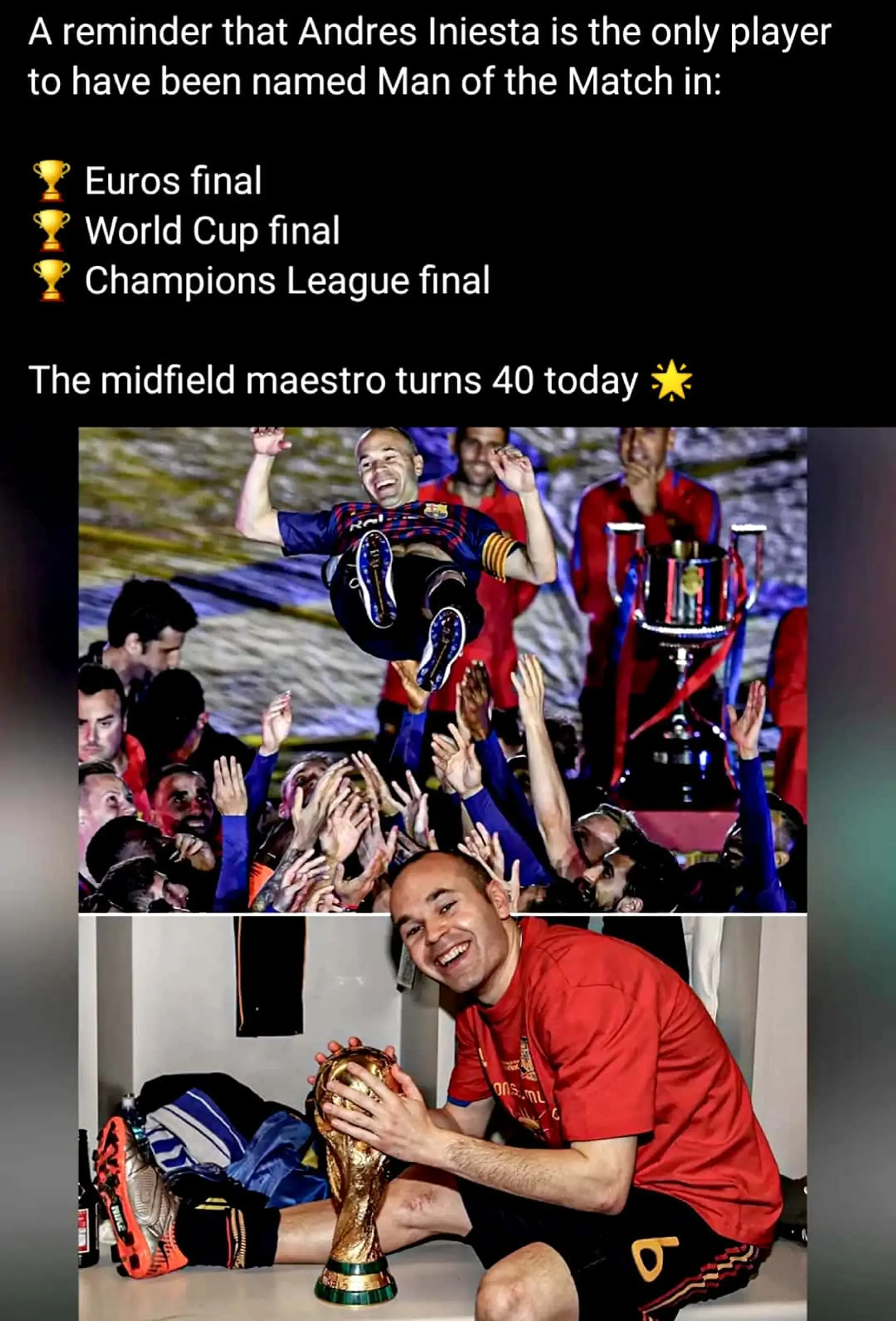 ⚽MAESTRO Iniesta, the Only Player with a MOTM Award in a Euros Final, World Cup Final and UCL Final❗