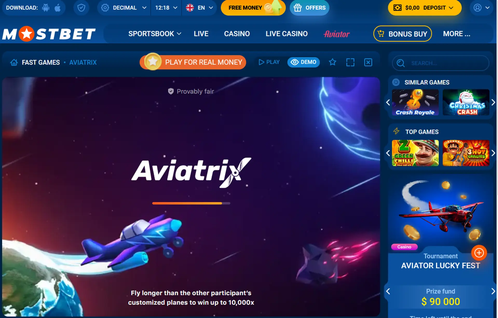 Screenshot of Aviatrix crash game interface showing multiplier progression.
