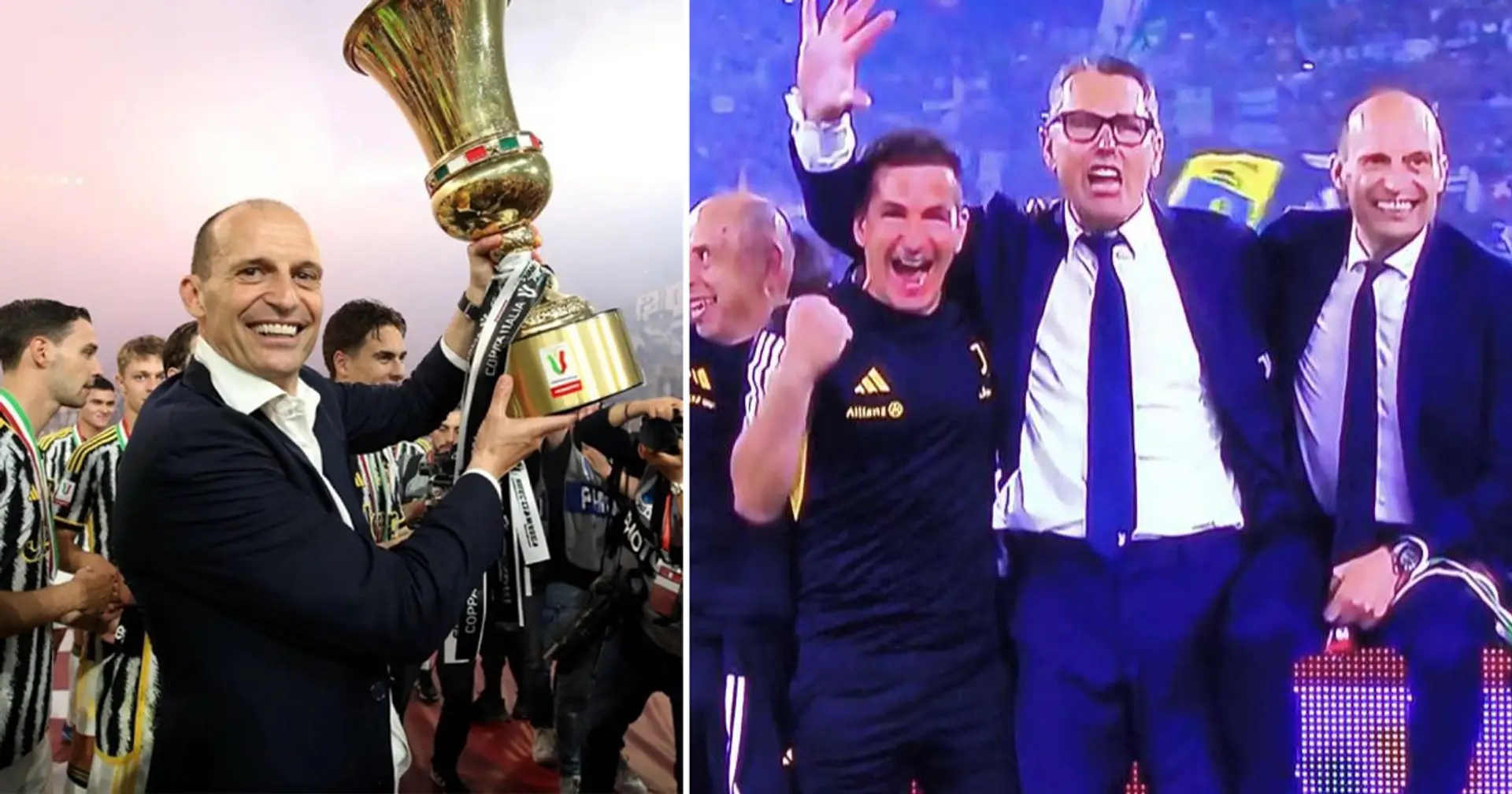 Allegri si gode la 5a vittoria in Coppa Italia sotto la curva con tifosi, trofeo, staff e giocatori: nessuno come Max nella storia della competizione
