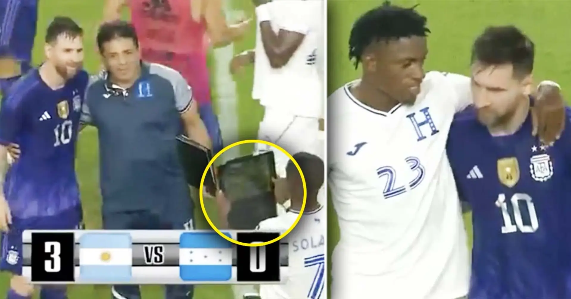 Honduras players and staff take photos with Messi after defeat, some use iPads