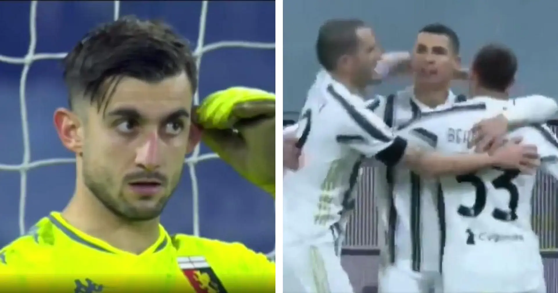 El portero del Genoa intenta molestar a Cristiano, inmediatamente se arrepiente después de que Ronaldo marca y se burla de él