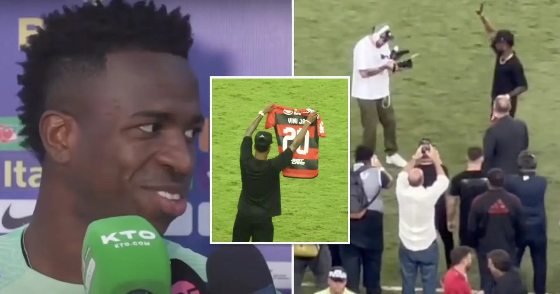 Vinicius holds high 2 football jerseys in front of packed crowd in Brazil - not Real Madrid's