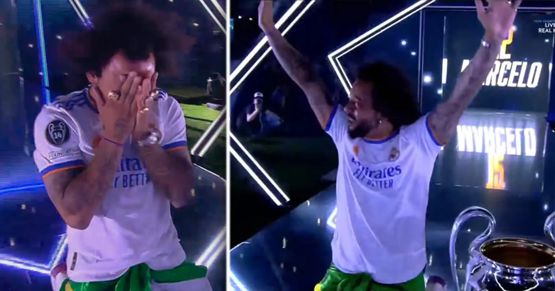 Marcelo está entre lágrimas al presentar el trofeo de la Champions a la afición del Real Madrid en el Bernabéu